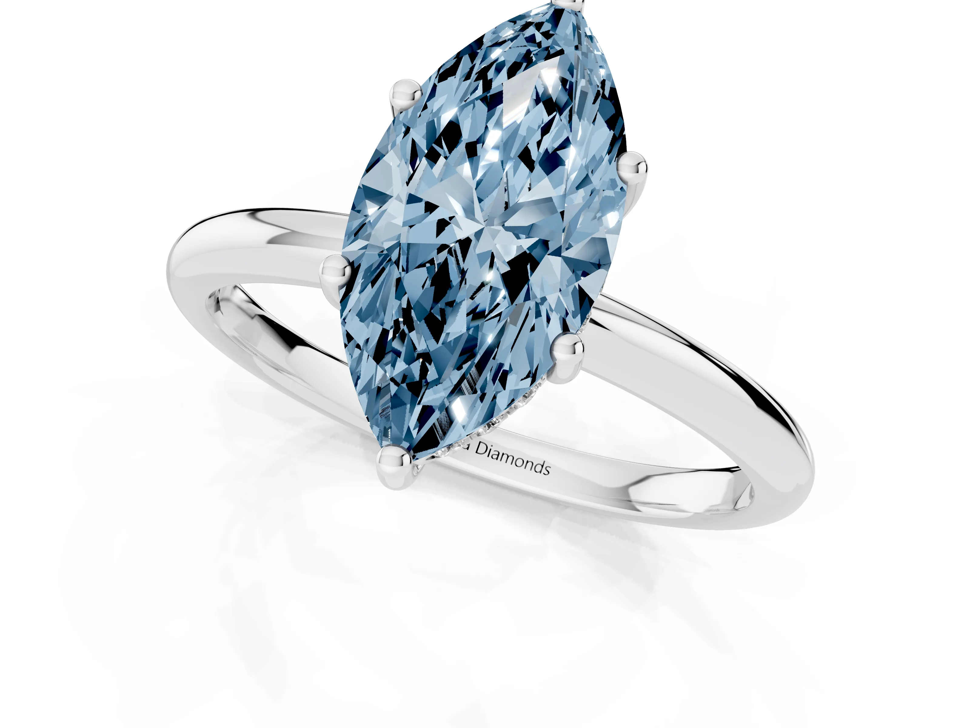 Fancy Blue Marquise Cut Diamond Solitaire Engagement Ring Set in Silver with Prong Setting and Polished Band