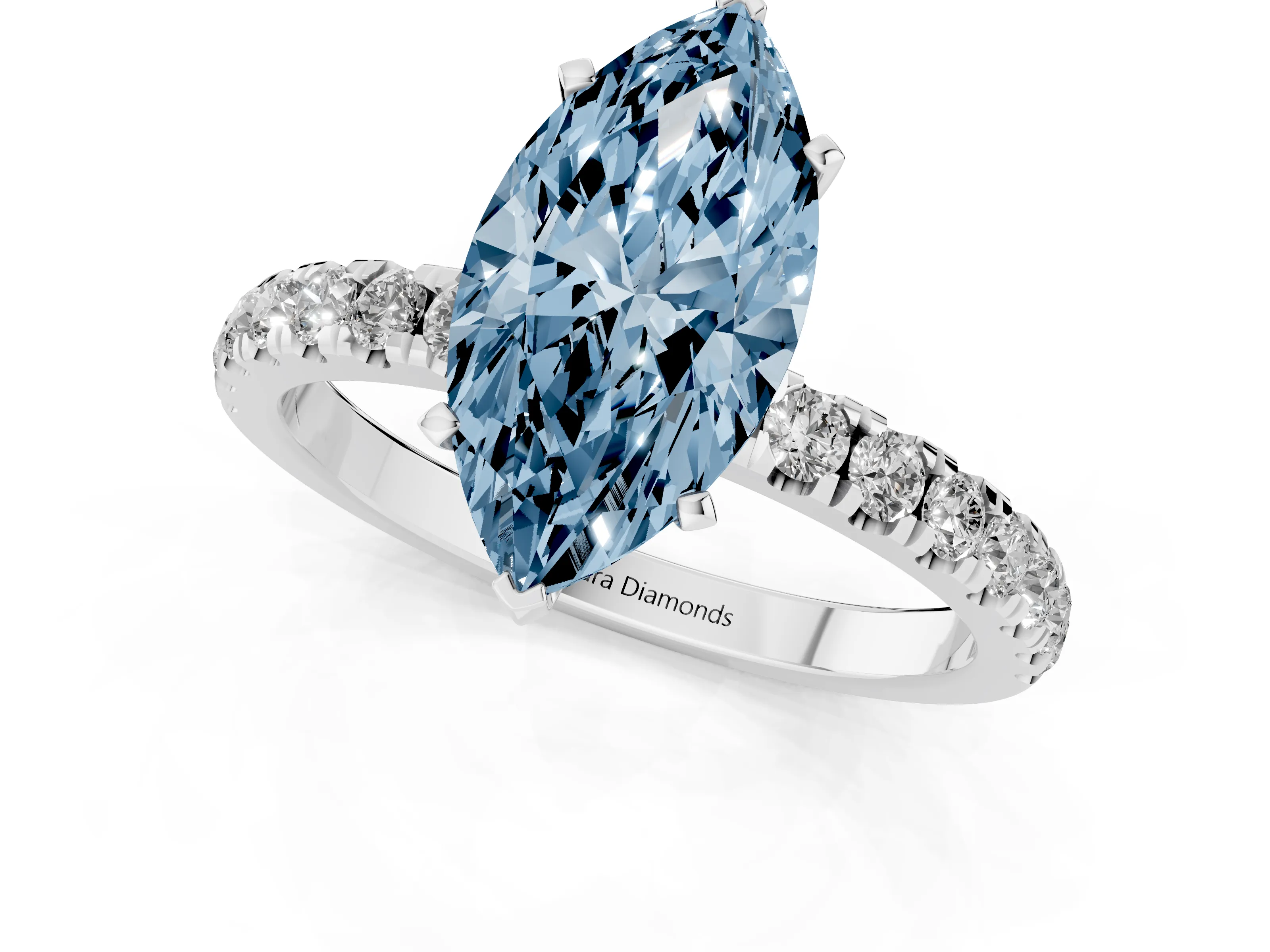 Fancy Blue Marquise Cut Diamond Solitaire Ring Set in White gold with Pavé Accents and Prong Setting