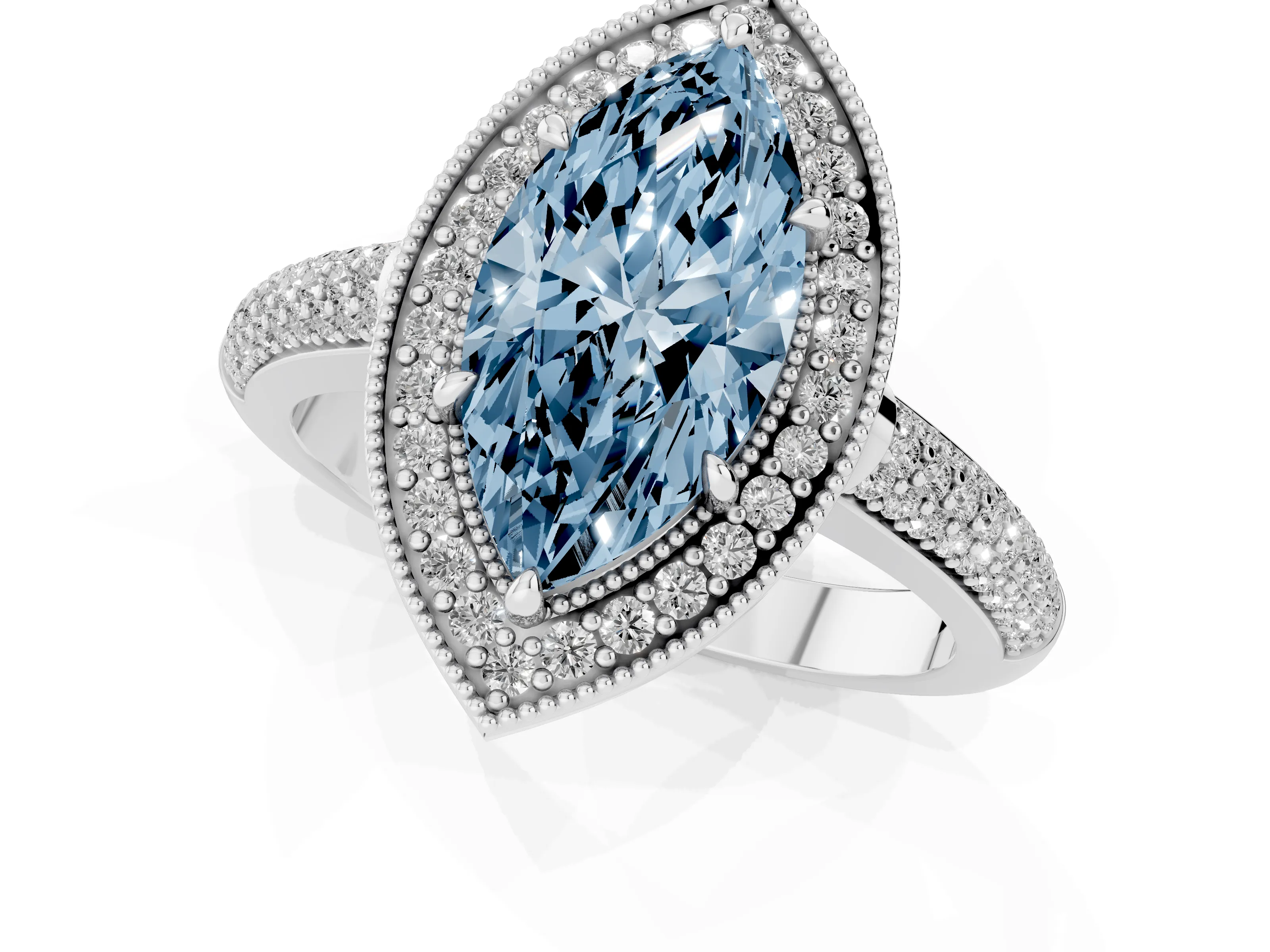 Fancy Blue Marquise Cut Diamond Halo Pavé Band Set in Silver with Prong Setting