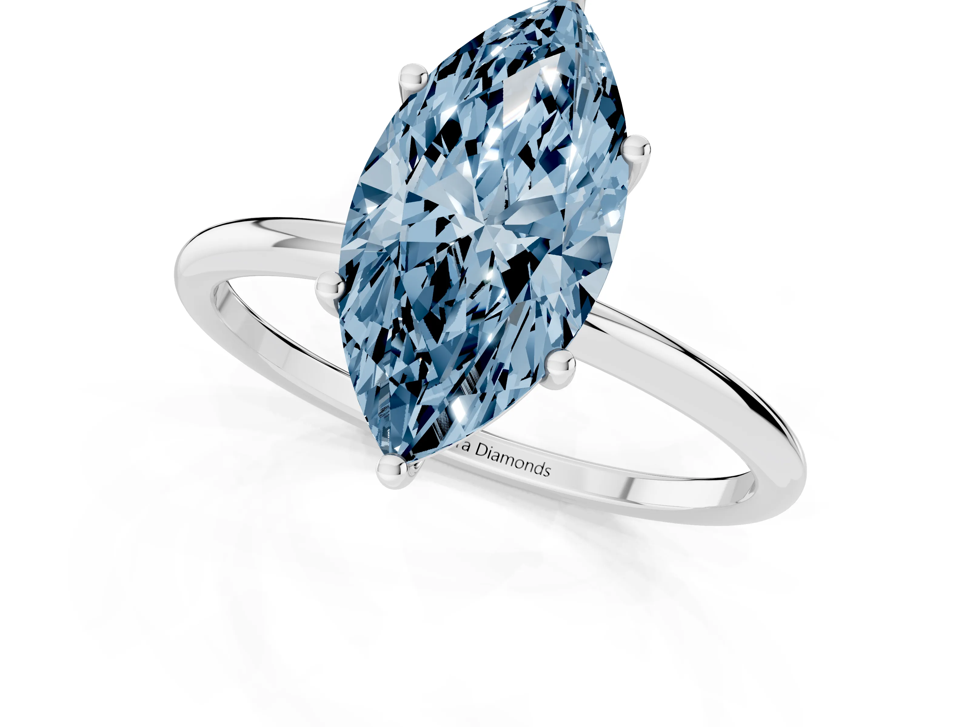 Fancy Blue Marquise Cut Diamond Solitaire Engagement Ring Set in Platinum with Thin Band and Prong Setting