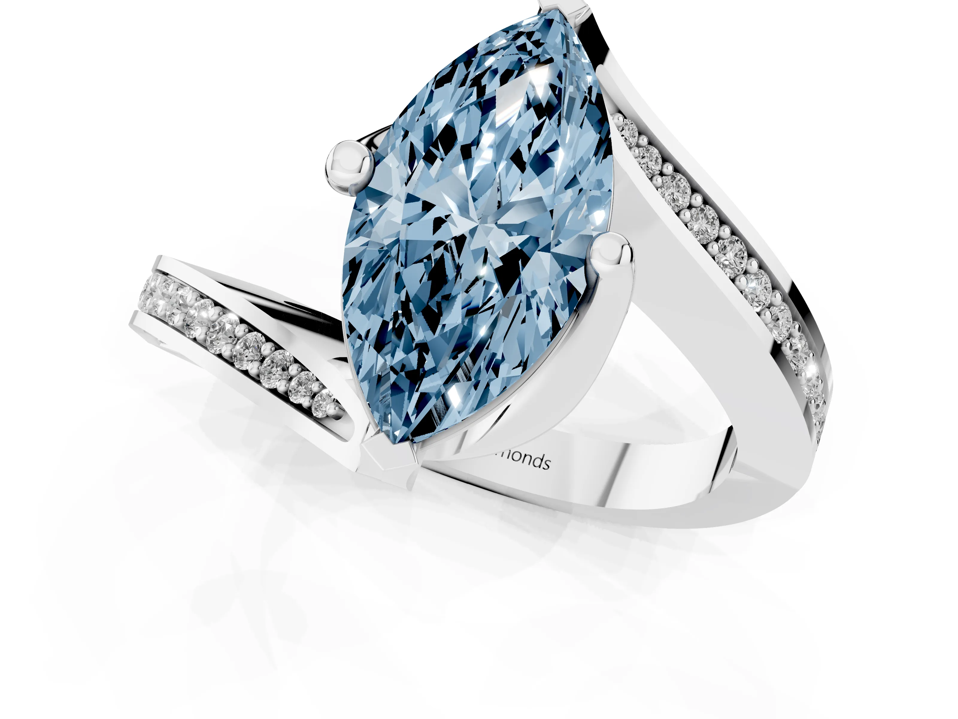 Fancy Blue Marquise Cut Diamond Solitaire Ring Set in Platinum with Intertwined Pavé Twist Band