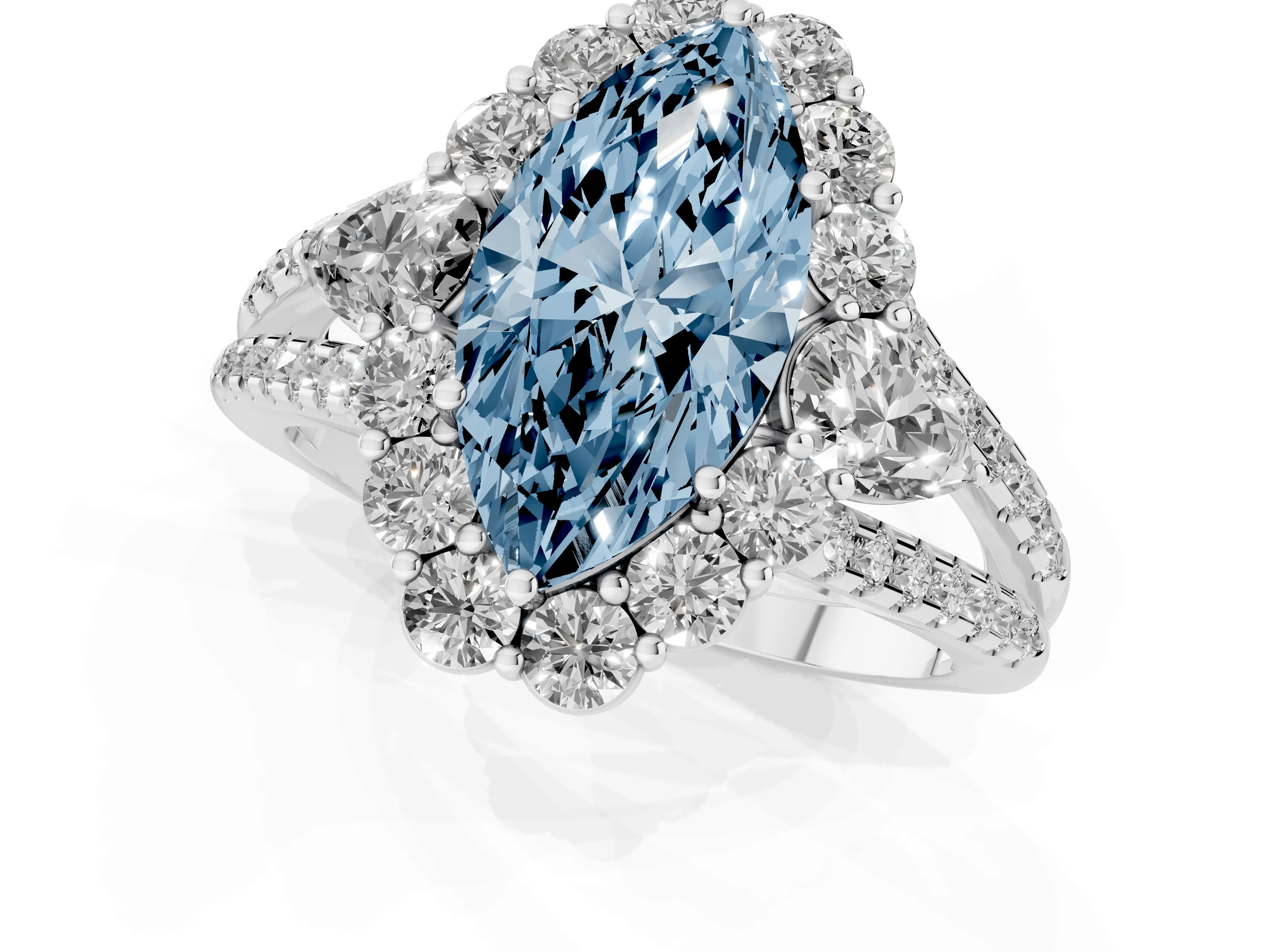 Fancy Blue Marquise Cut Diamond Halo Split Shank Engagement Ring Set in Silver with Prong-Held Center Stone