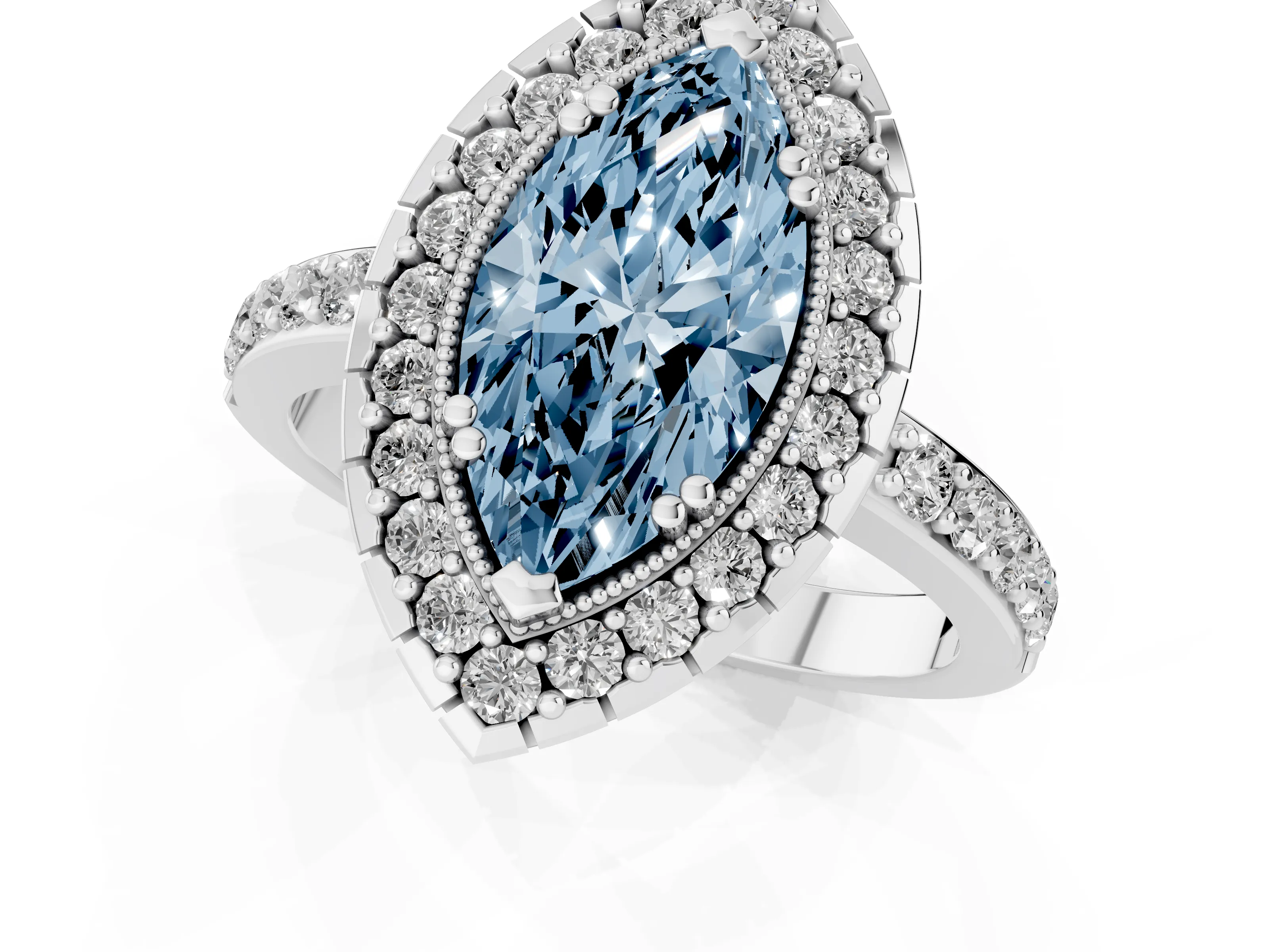 Fancy Blue Marquise Cut Diamond Halo Ring Set in White gold with Pavé Shank and Prong Setting
