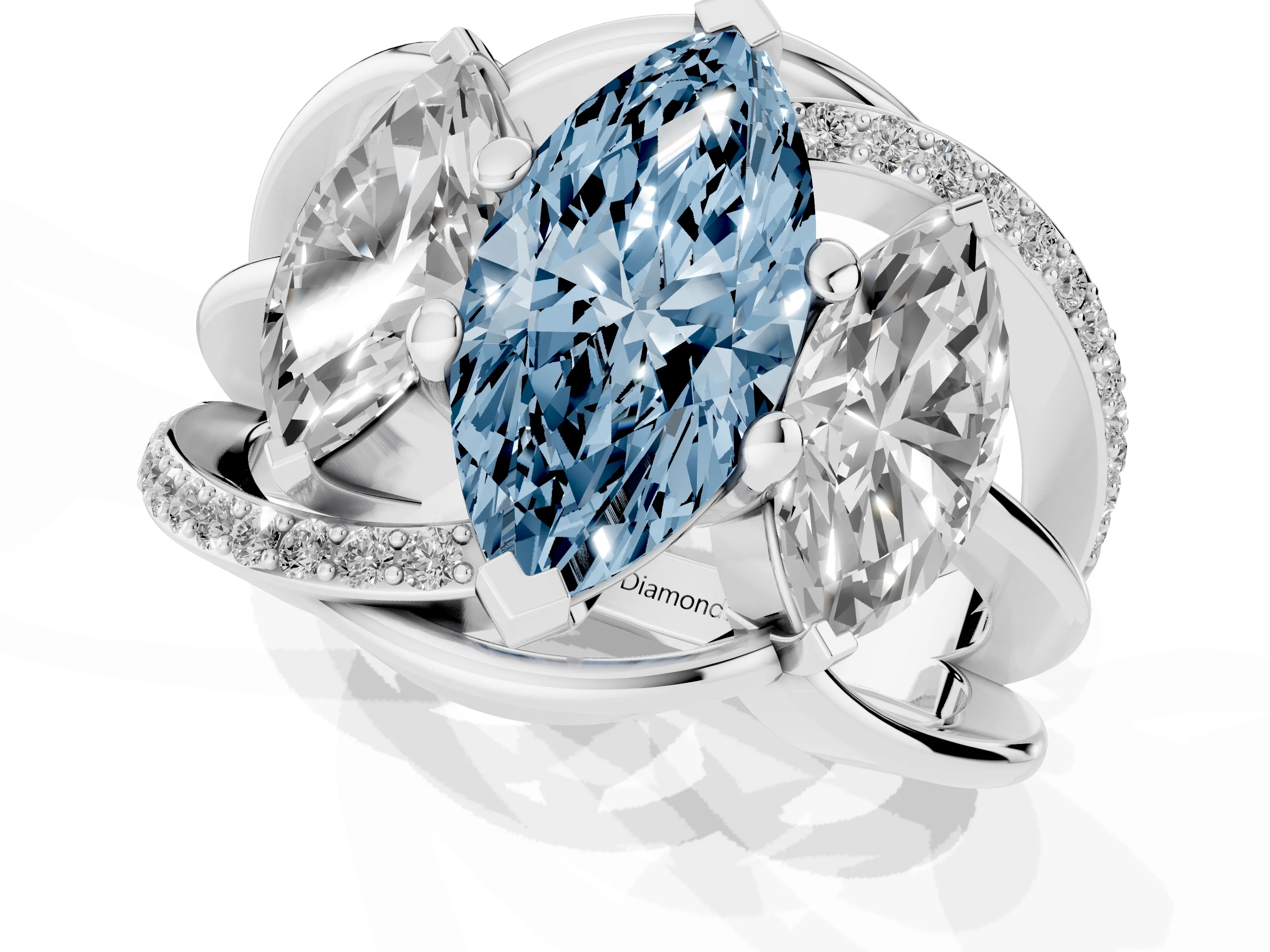 Fancy Blue Marquise Cut Diamond Three-Stone Ring Set in Platinum with Split Shank and Prong Setting