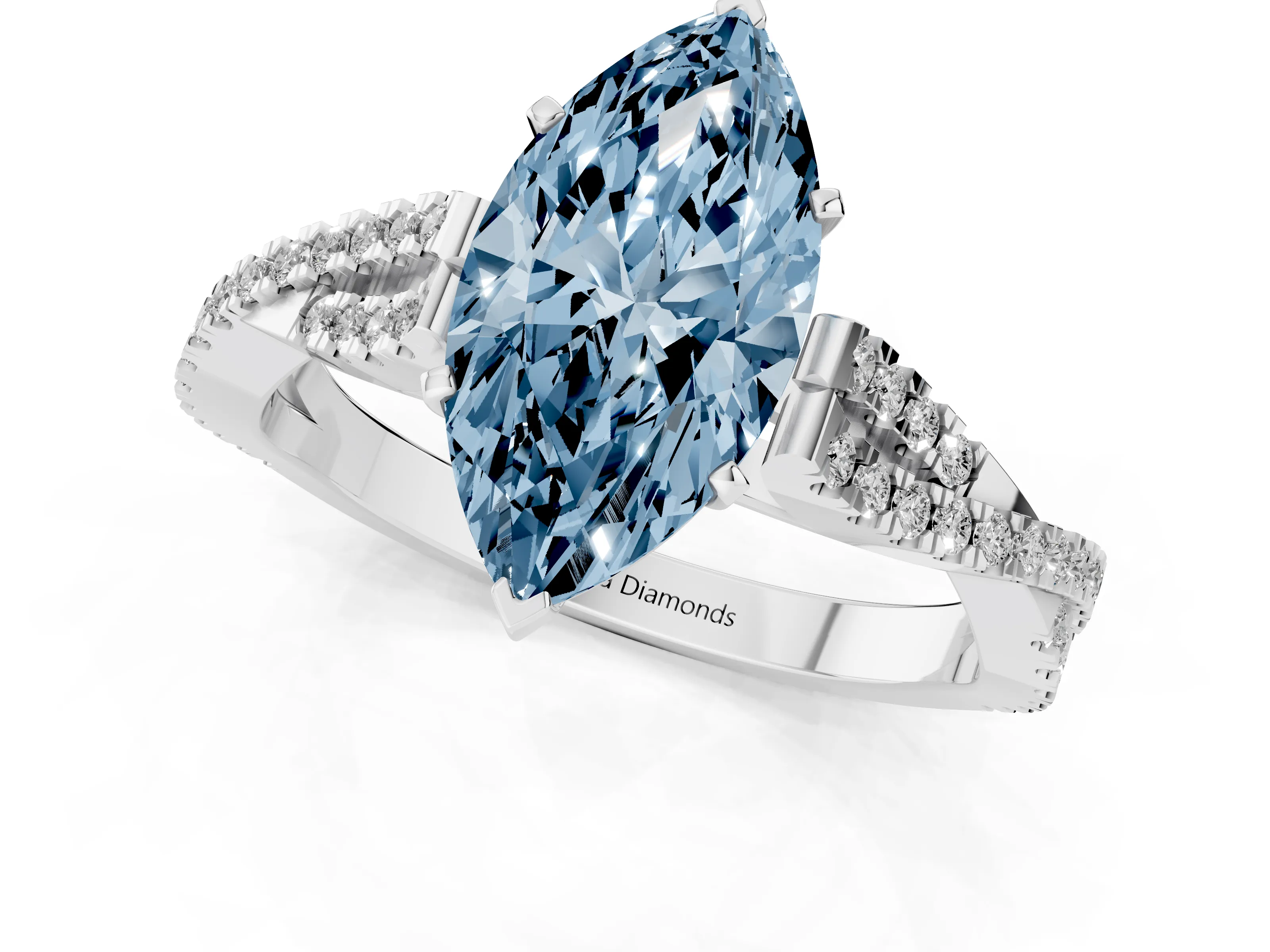 Fancy Blue Marquise Cut Diamond Solitaire Engagement Ring Set in White gold with Twisted Pavé Band and Prong Setting