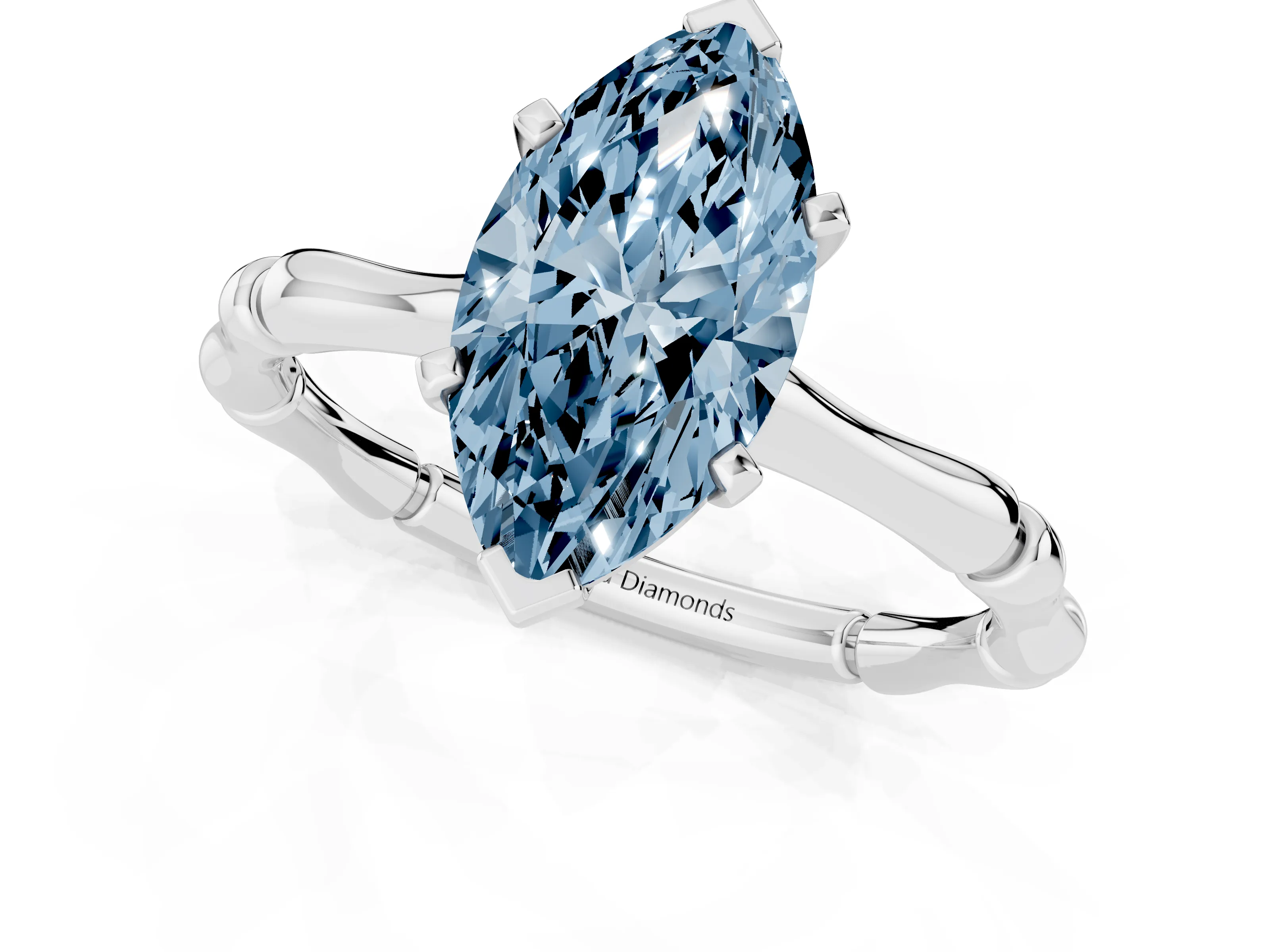 Fancy Blue Marquise Cut Diamond Solitaire Ring Set in Silver with Bamboo Band and Prong Setting