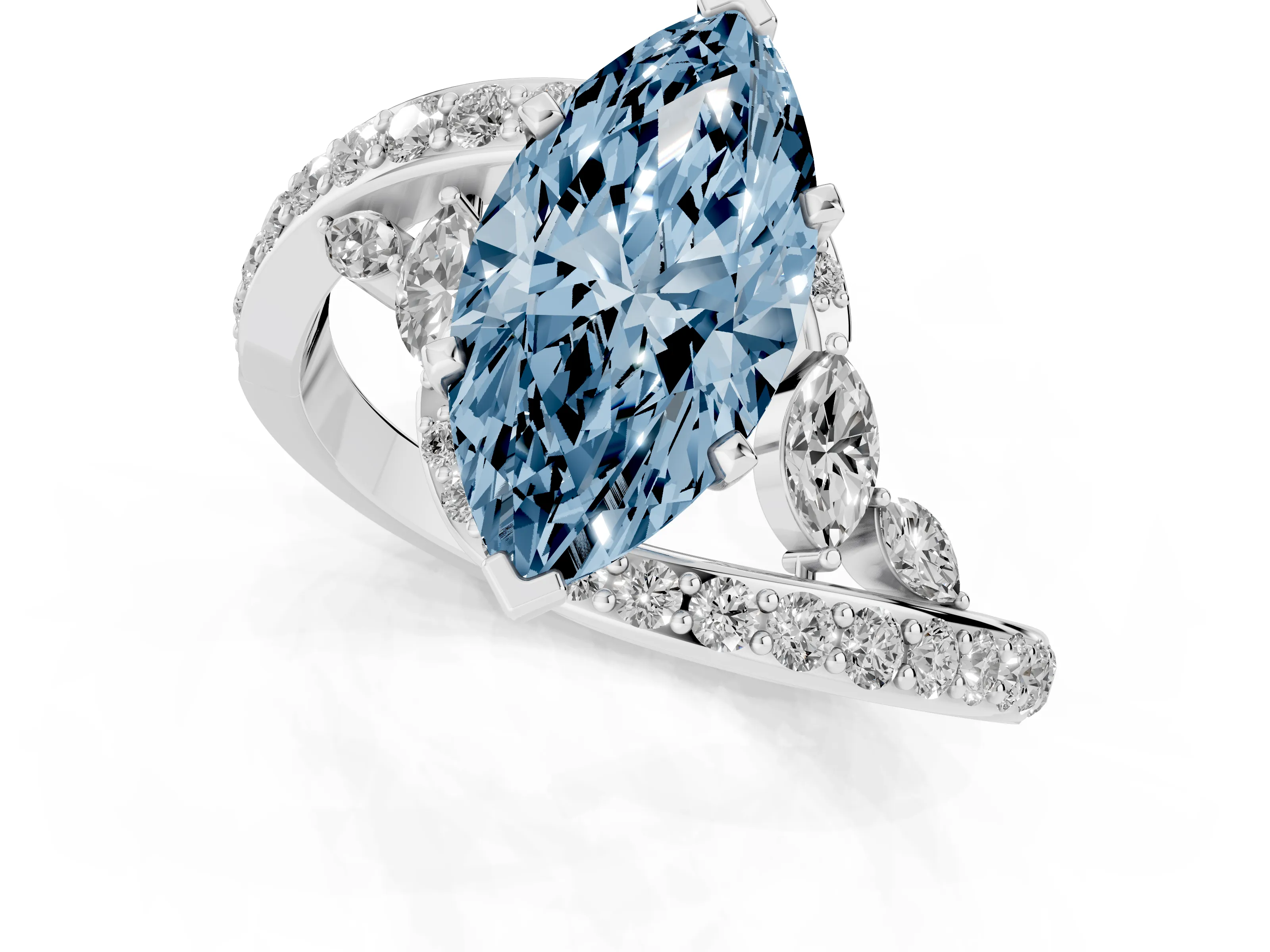 Fancy Blue Marquise Cut Diamond Solitaire Ring Set in White gold with Pavé Twist Band and Secure Prong Setting