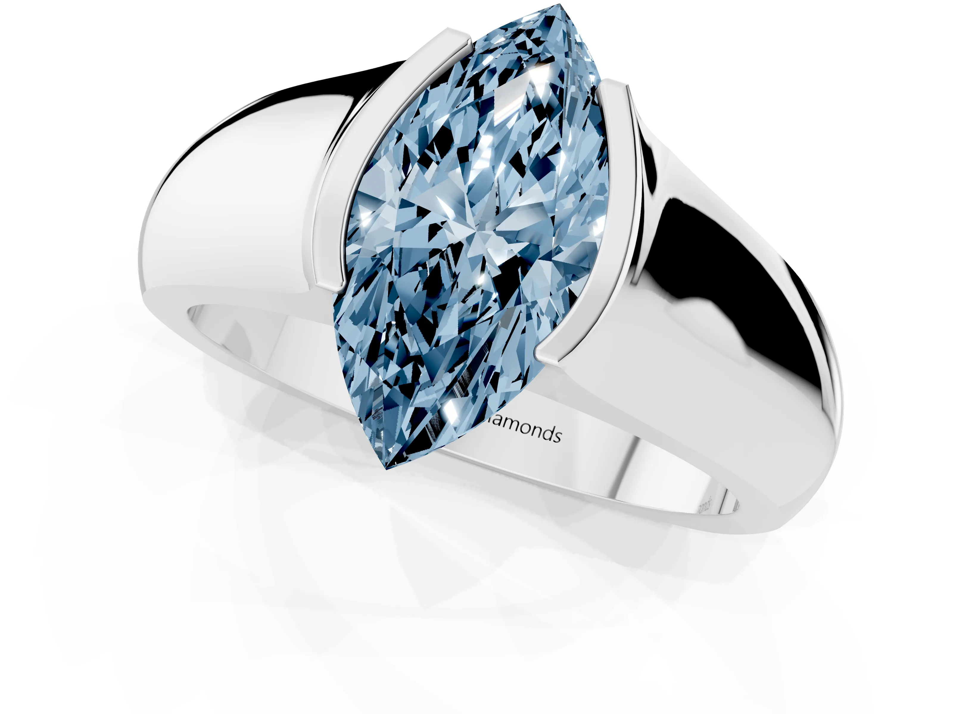 Fancy Blue Marquise Cut Diamond Bezel Solitaire Ring Set in White gold with Wide Band