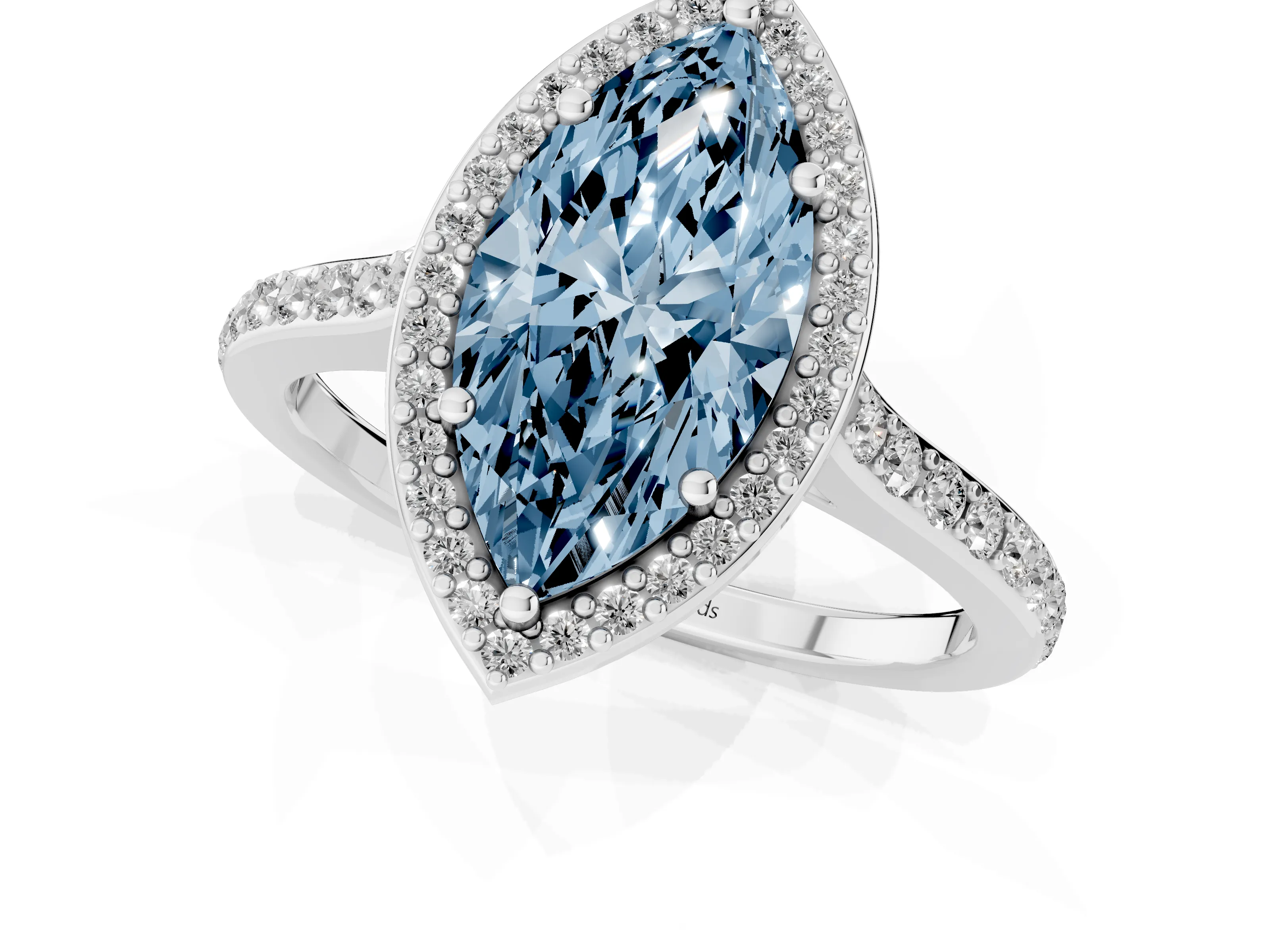 Fancy Blue Marquise Cut Diamond Halo Engagement Ring Set in Silver with Round Pavé Shoulders and Heart Gallery