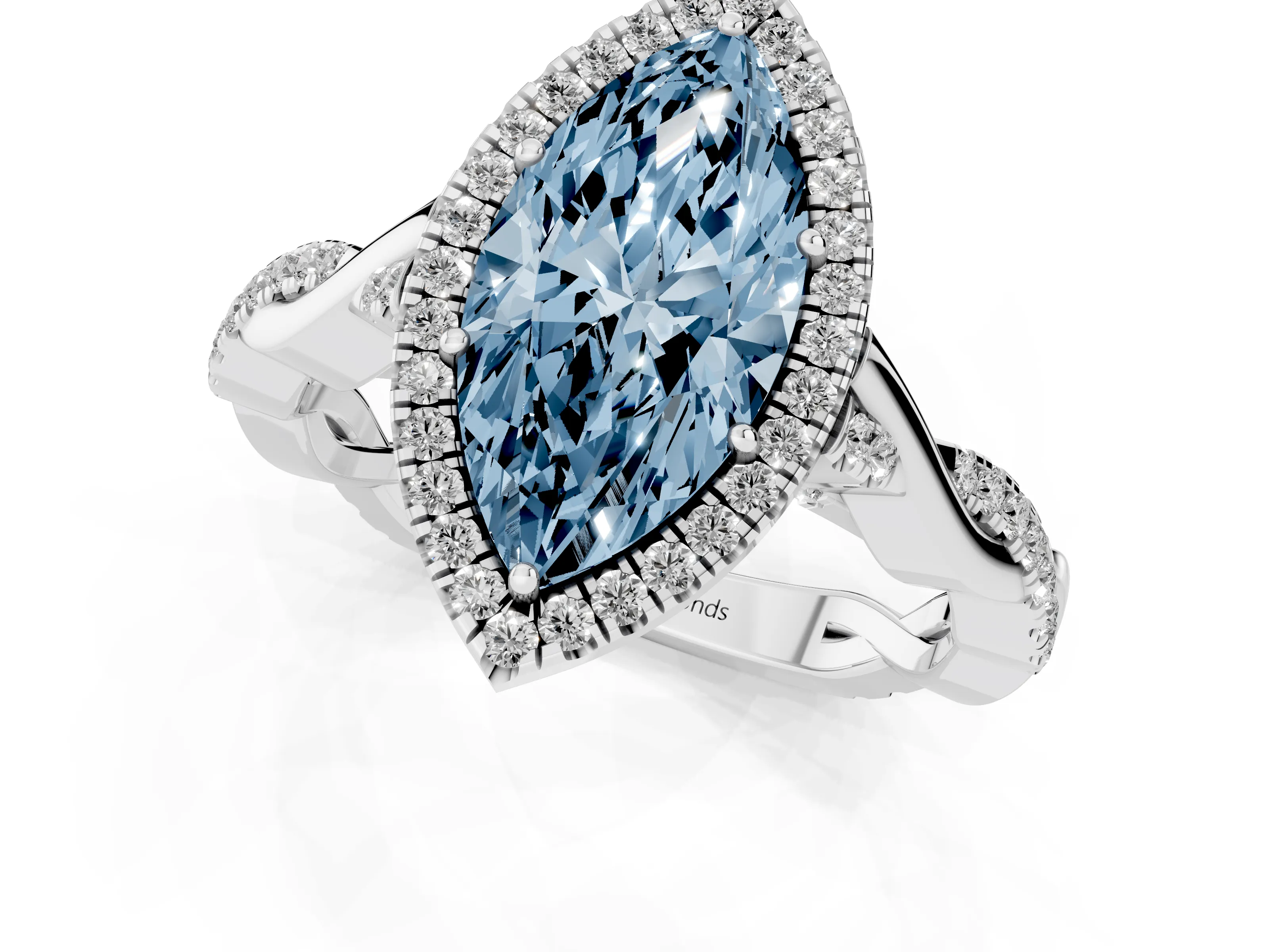 Fancy Blue Marquise Cut Diamond Halo Twist Band Solitaire Ring Set in White gold with Prong Setting