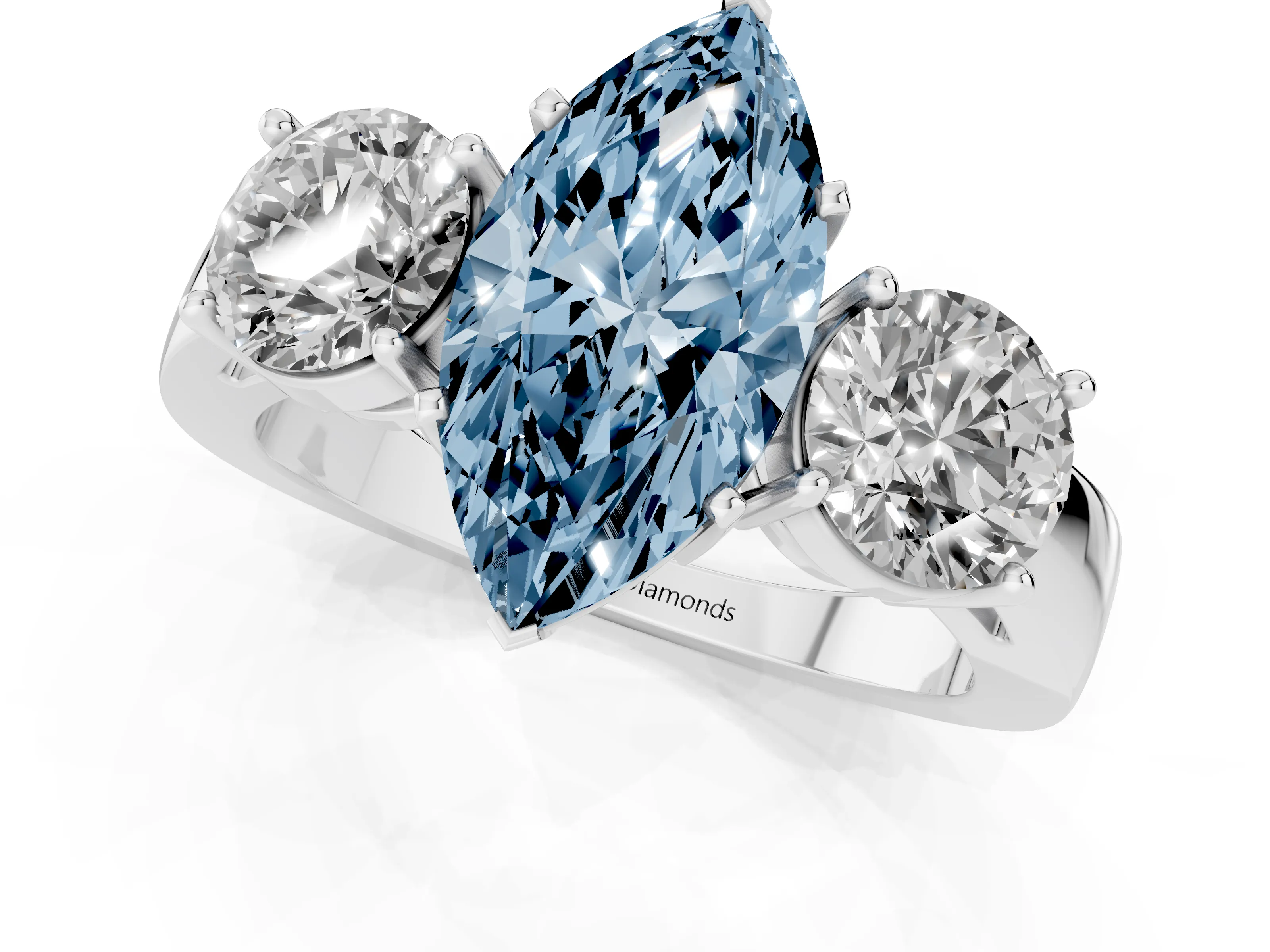Fancy Blue Marquise Cut Diamond Three-Stone Ring Set in Platinum with Round Side Stones and Classic Band