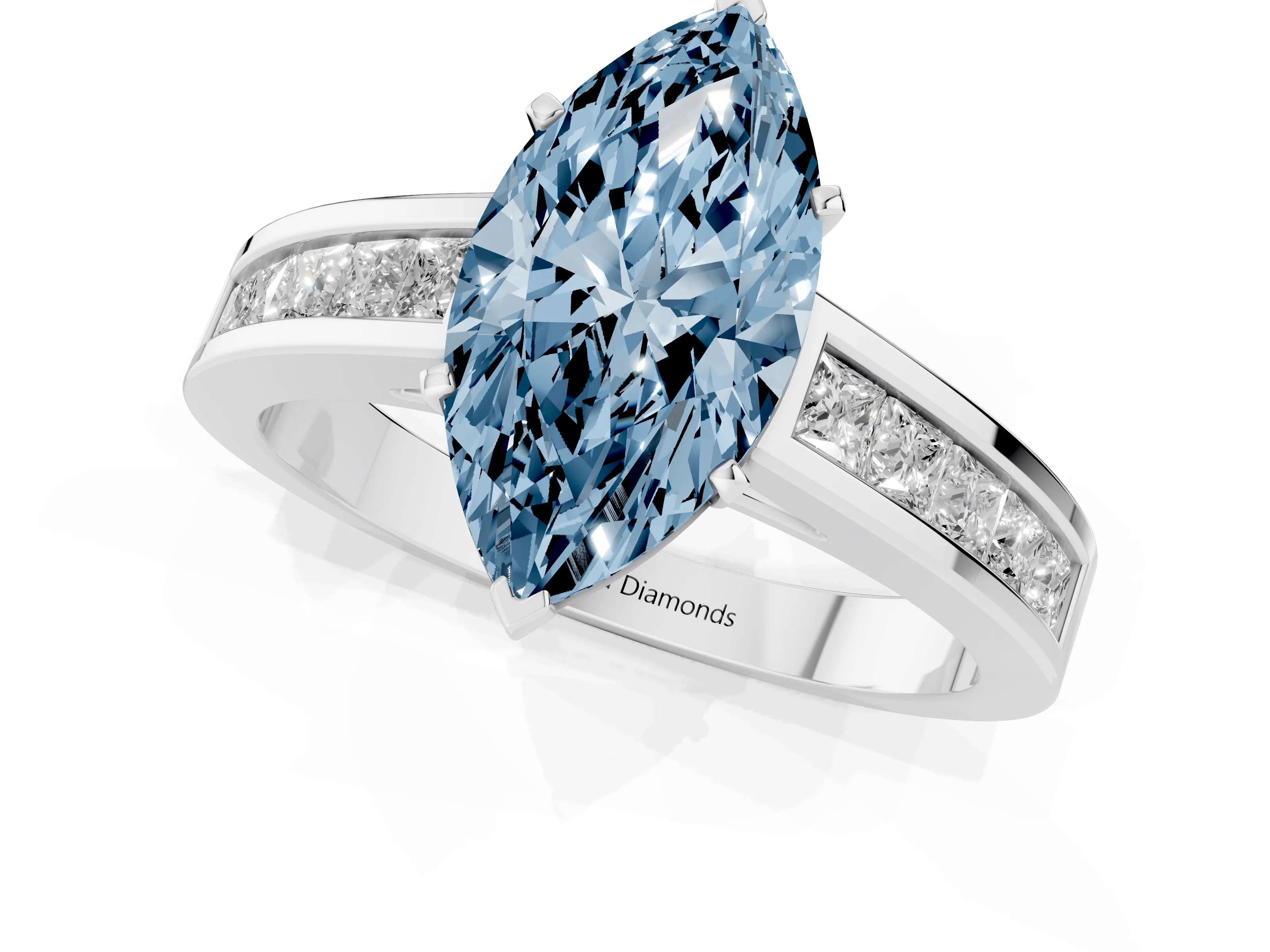 Fancy Blue Marquise Cut Diamond Solitaire Ring Set in Platinum with Channel-Set Band and Prong Setting