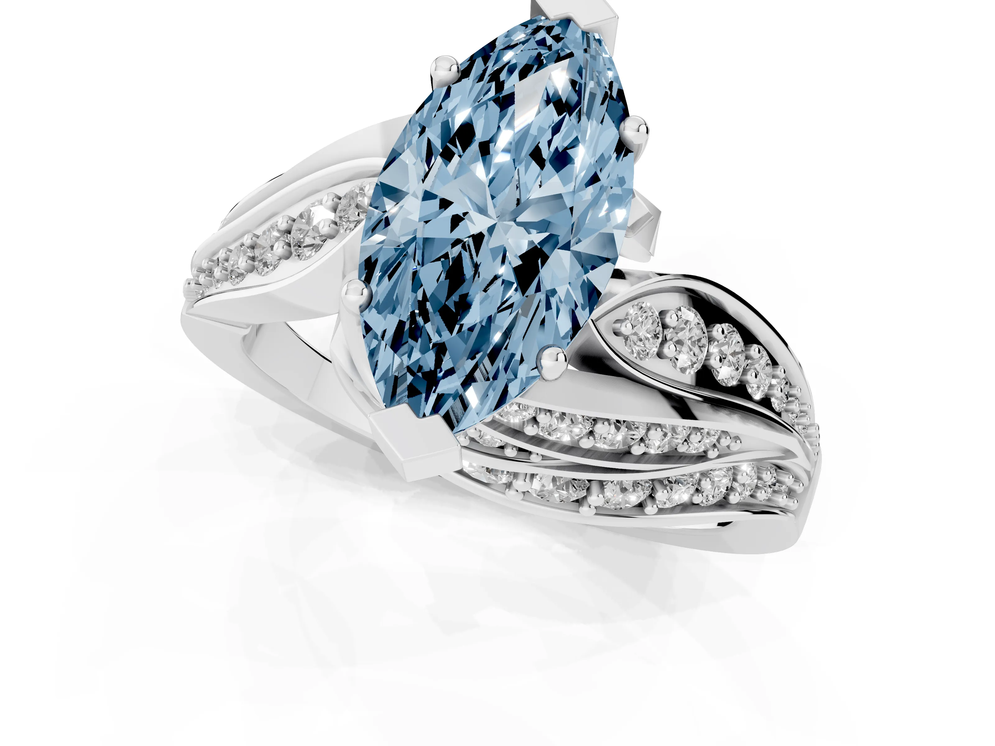 Fancy Blue Marquise Cut Diamond Solitaire Ring Set in Platinum with Layered Twist Pavé Band