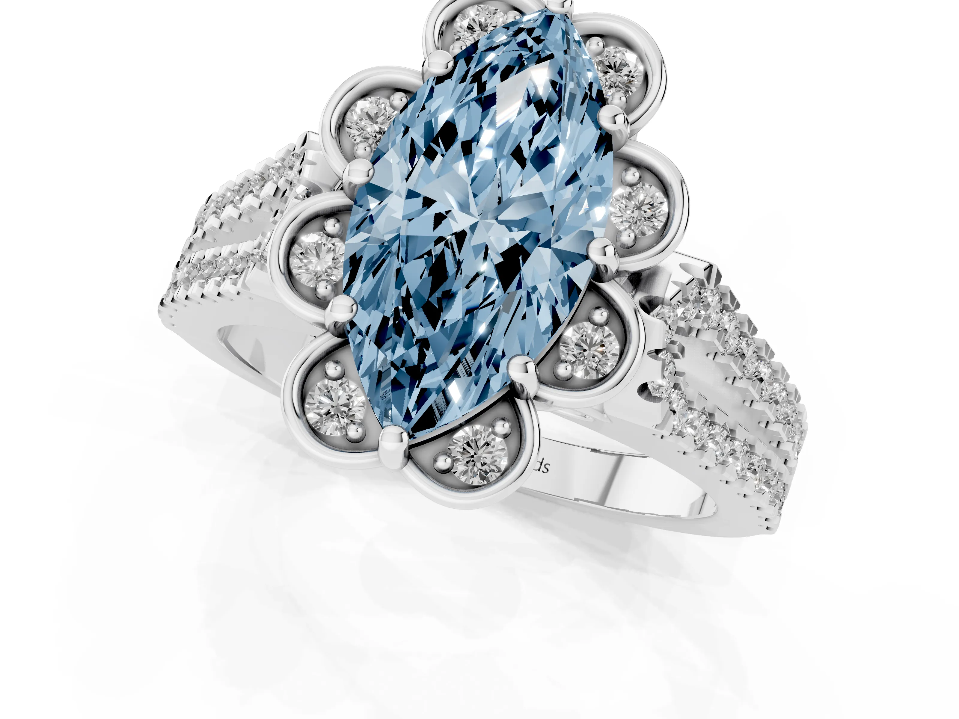 Fancy Blue Marquise Cut Diamond Floral Halo Split Shank Engagement Ring Set in Platinum with Pavé Shank