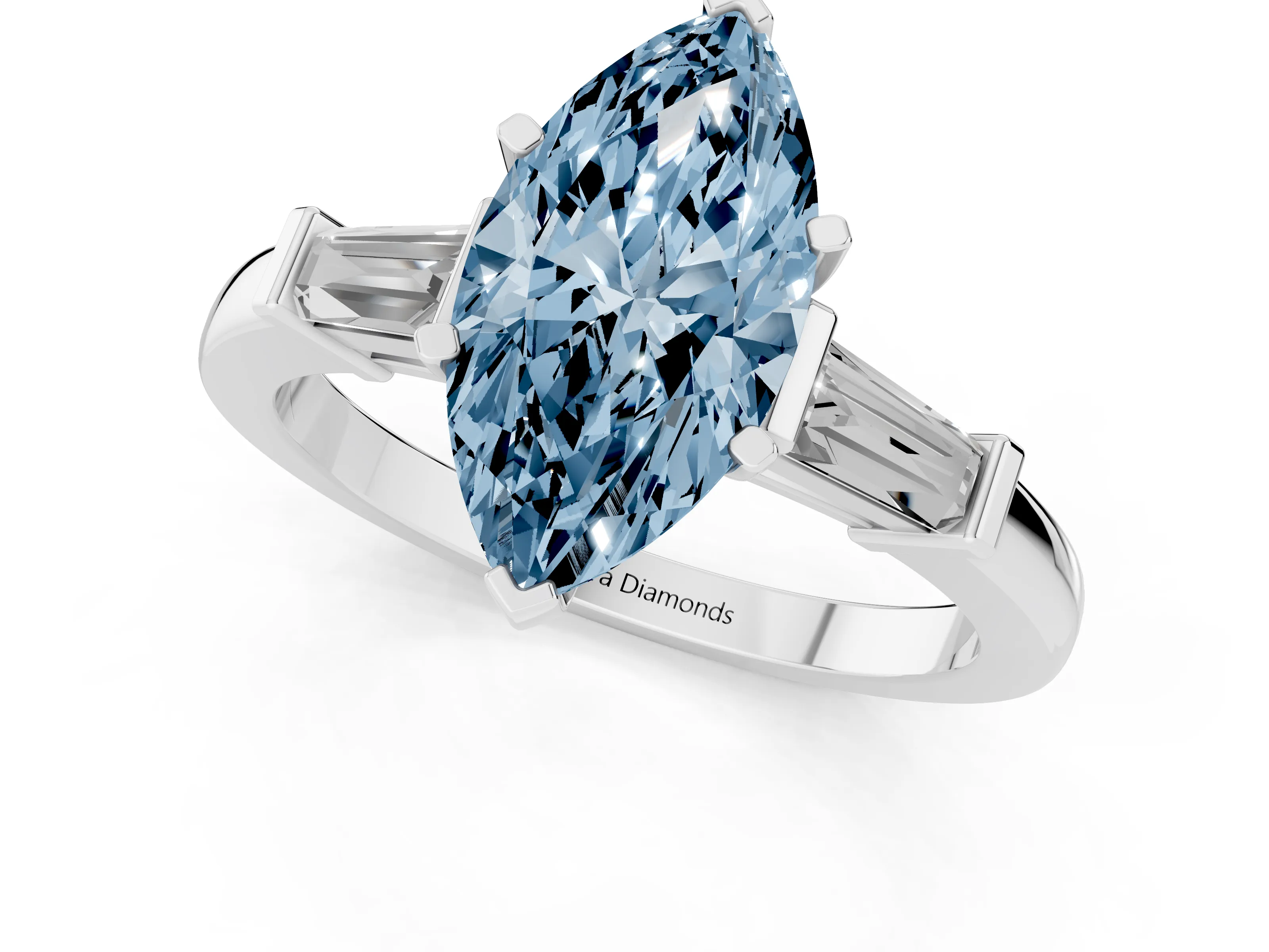 Fancy Blue Marquise Cut Diamond Solitaire Ring Set in White gold with Tapered Baguette Accents and Prong Setting