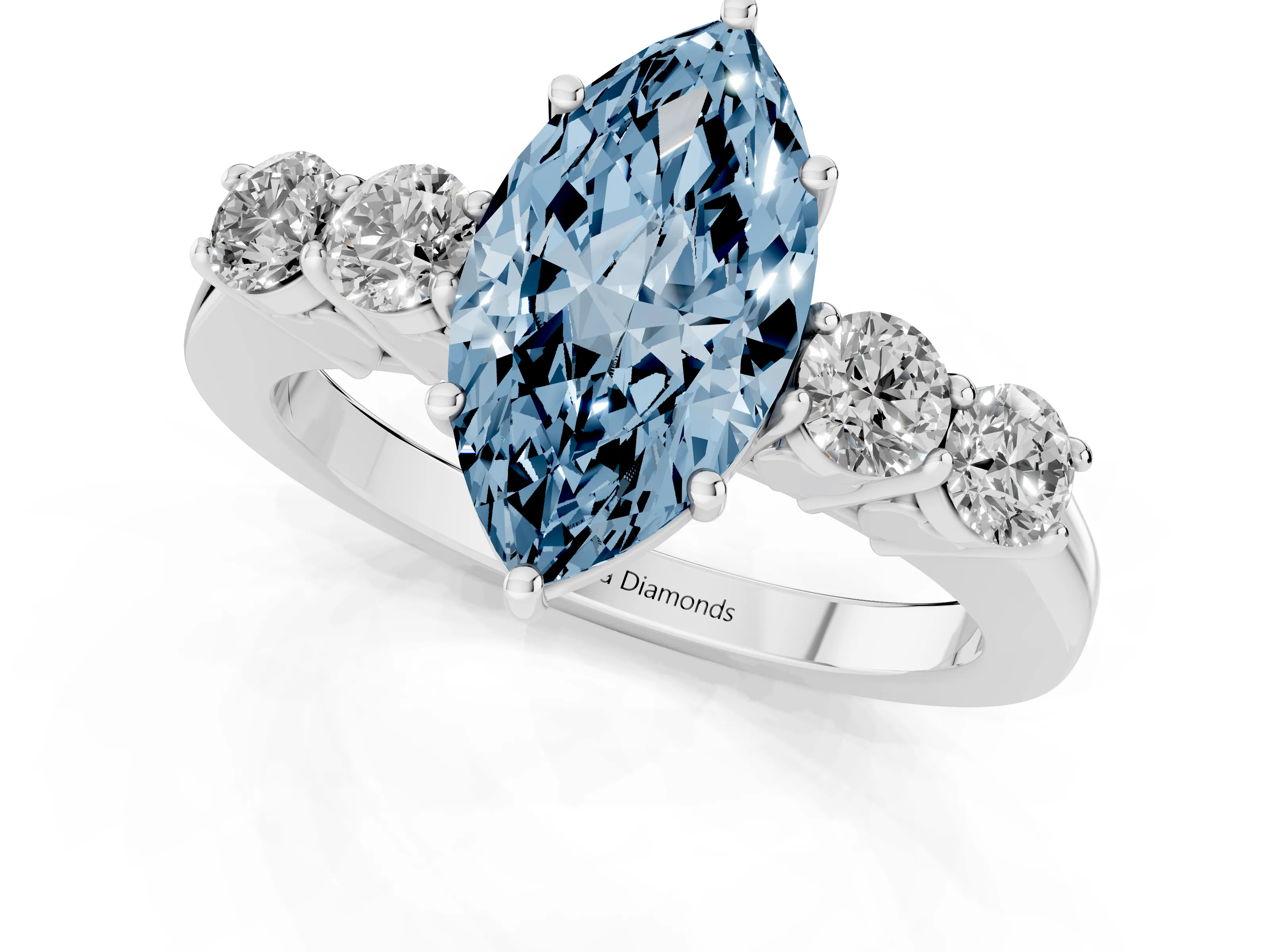 Fancy Blue Marquise Cut Diamond Five-Stone Prong Set Band Ring Set in Silver with Polished Band