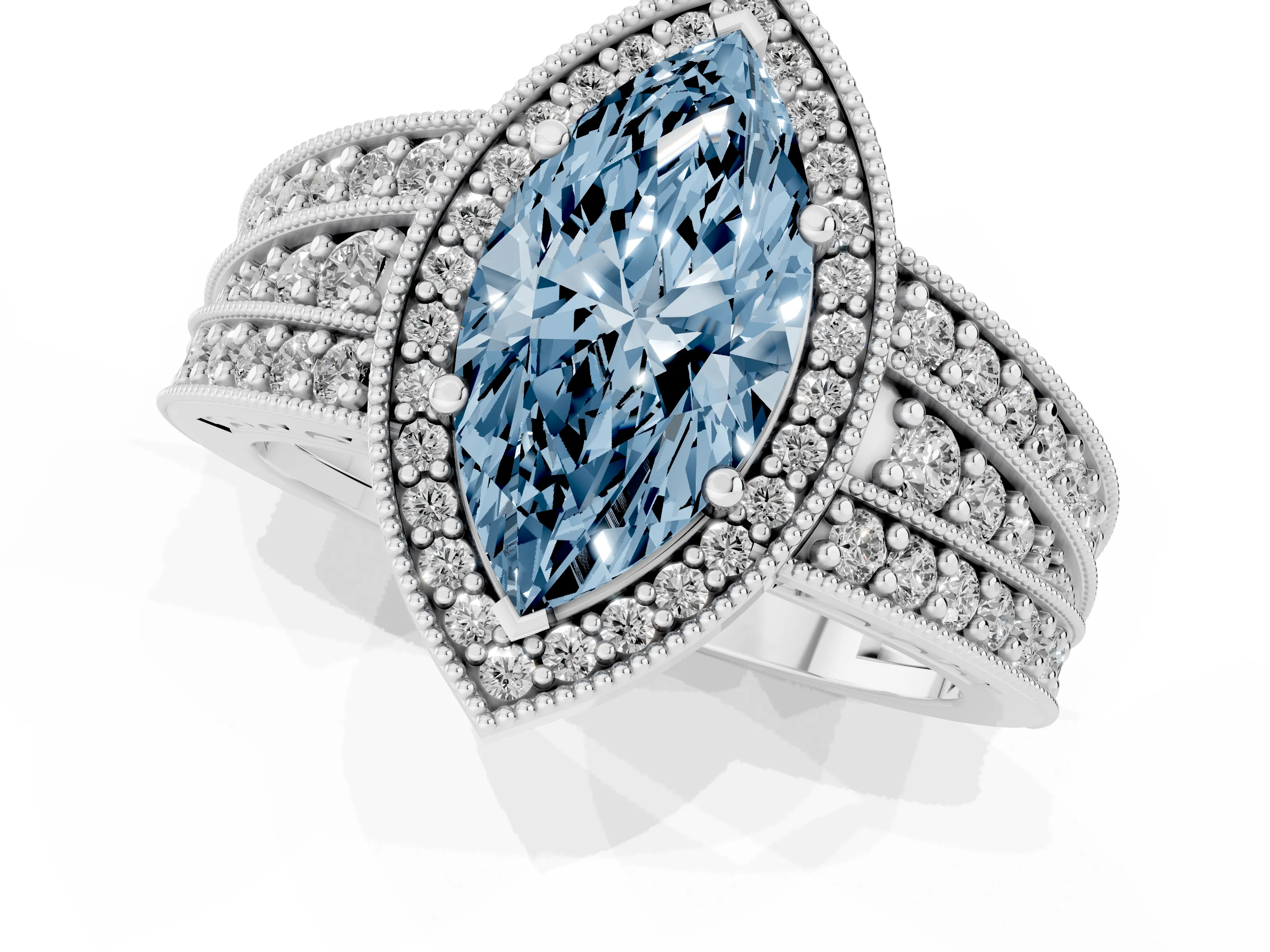 Fancy Blue Marquise Cut Diamond Halo Ring Set in Silver with Accent Split Shank and Prong Setting