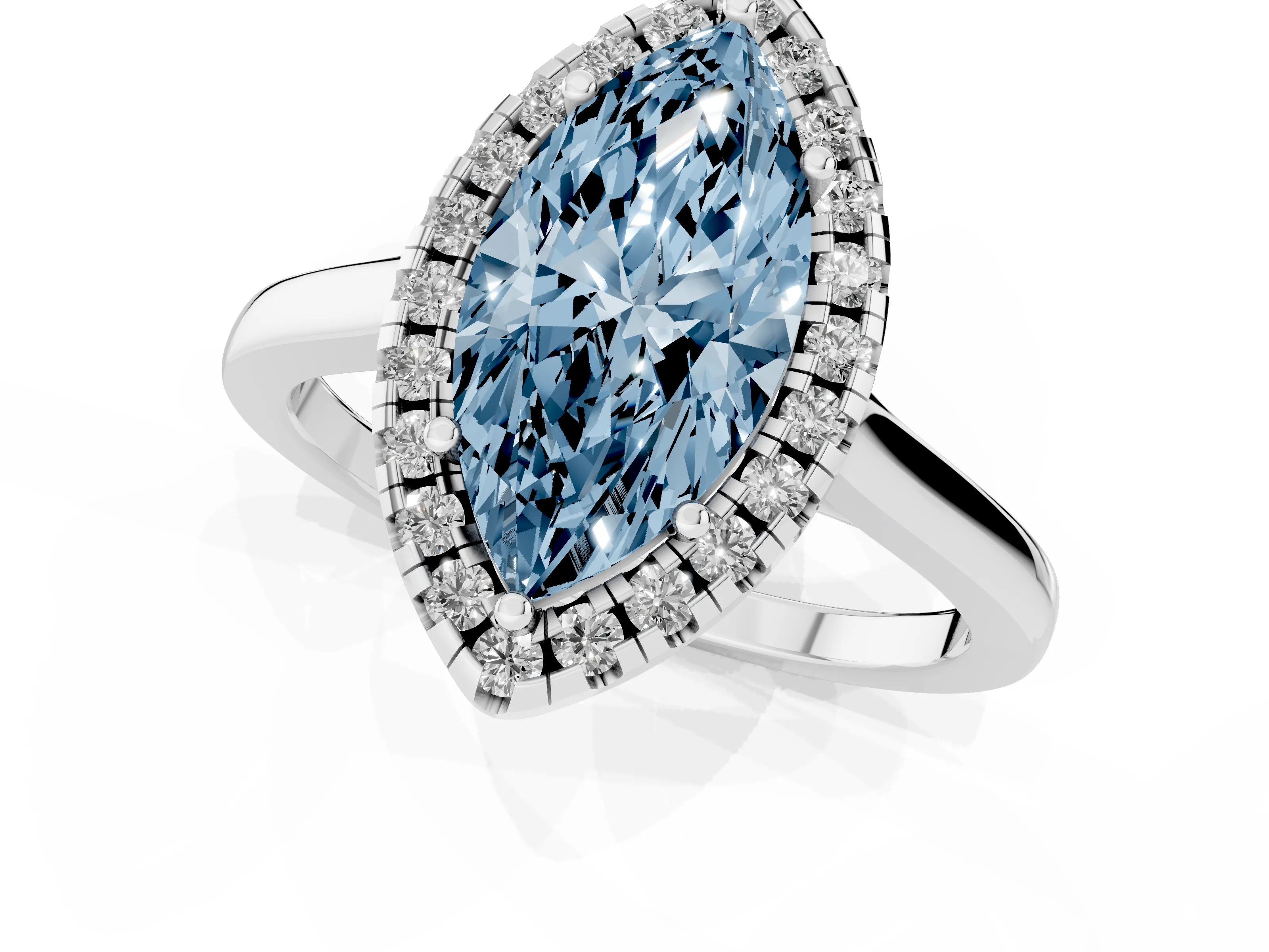 Fancy Blue Marquise Cut Halo Round Diamond Solitaire Ring Set in Platinum with Pavé Band and Prong Setting