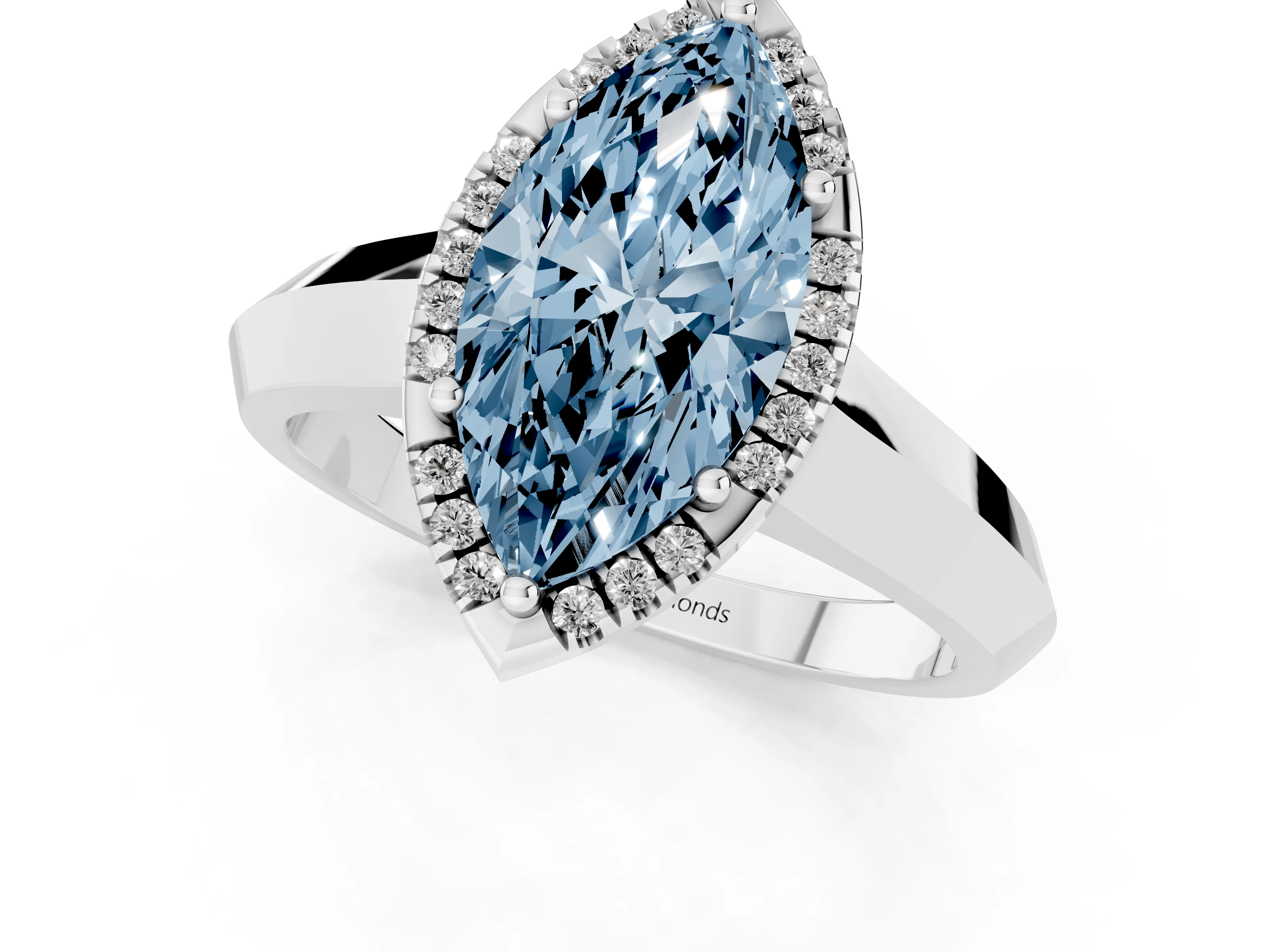 Fancy Blue Marquise Cut Diamond Halo Ring Set in White gold with Cathedral Band and Prong Setting