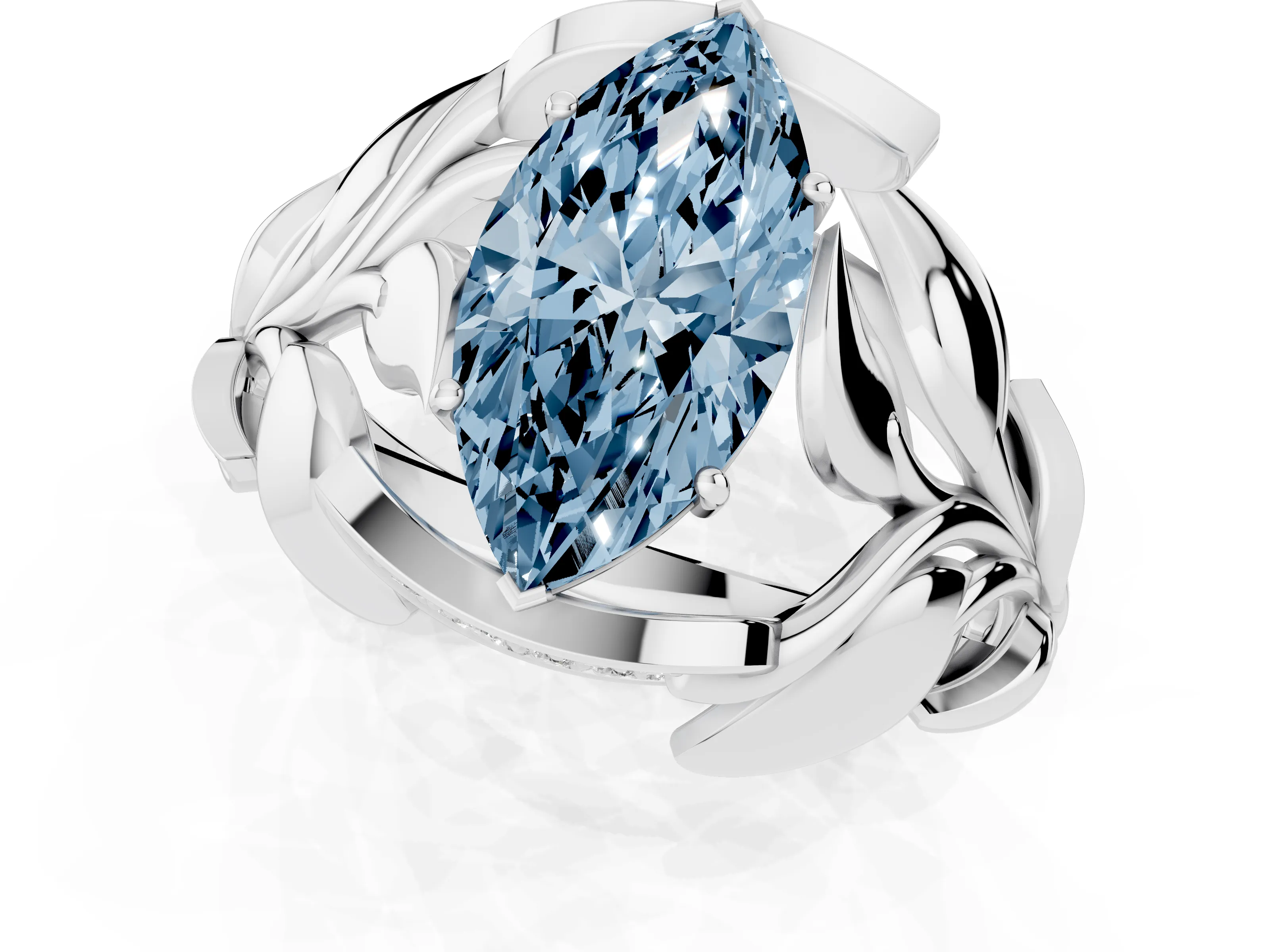 Fancy Blue Marquise Cut Diamond Leaf-Inspired Engagement Ring Set in Platinum with Round Accents