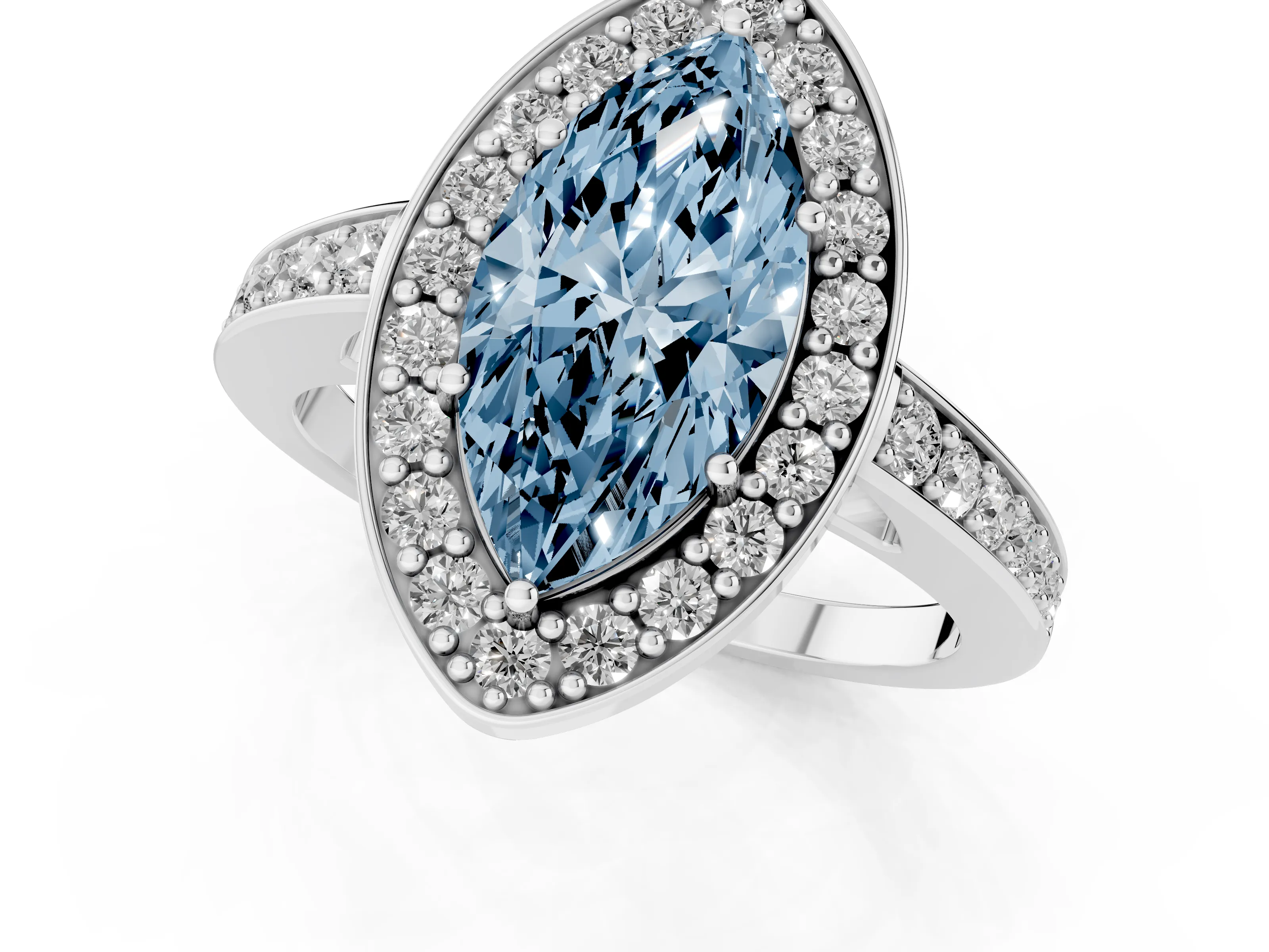 Fancy Blue Marquise Cut Diamond Halo Pavé Engagement Ring Set in Platinum with Bezel Setting