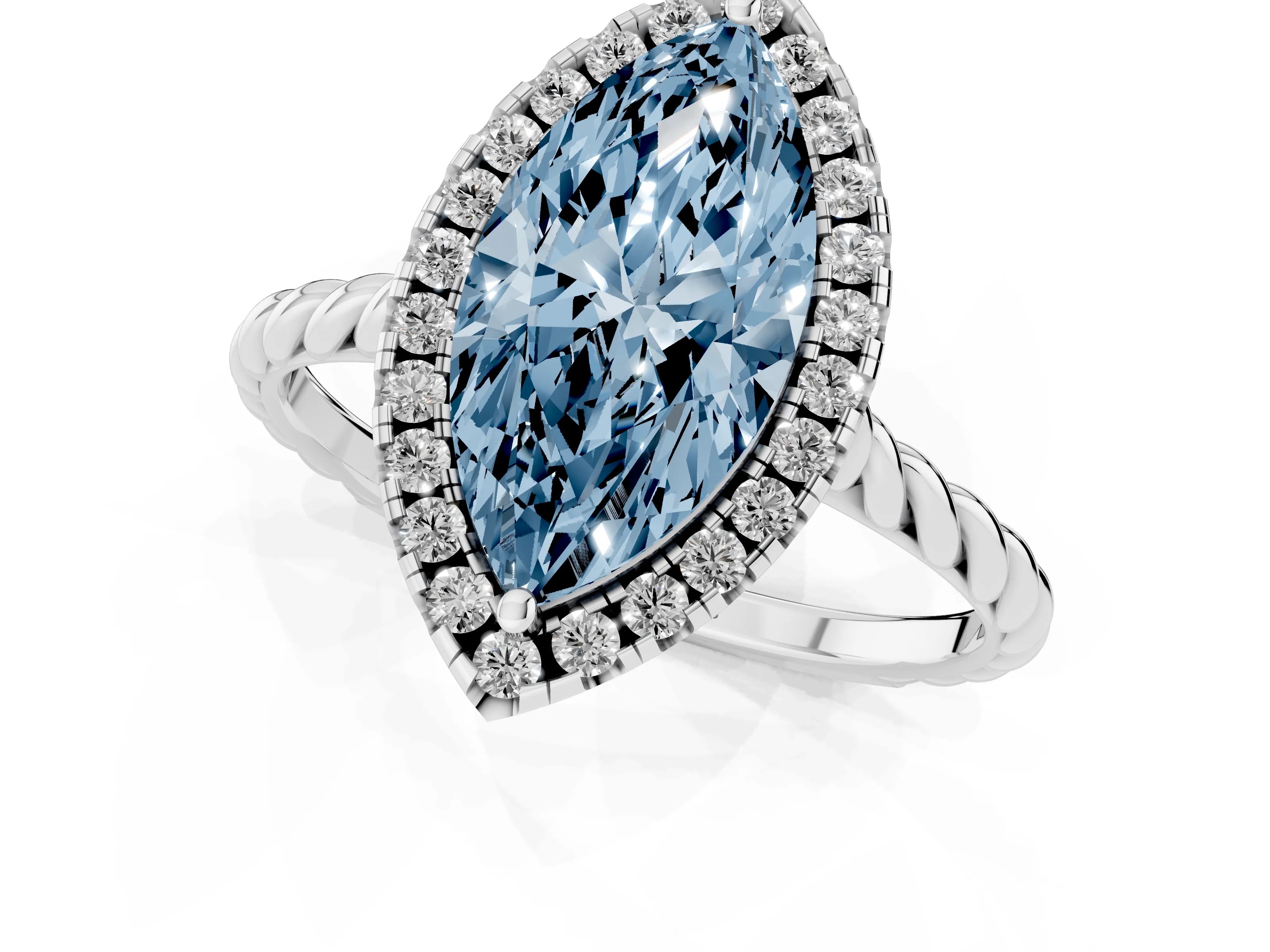 Fancy Blue Marquise Cut Diamond Halo Ring Set in Platinum with Plain Twisted Band