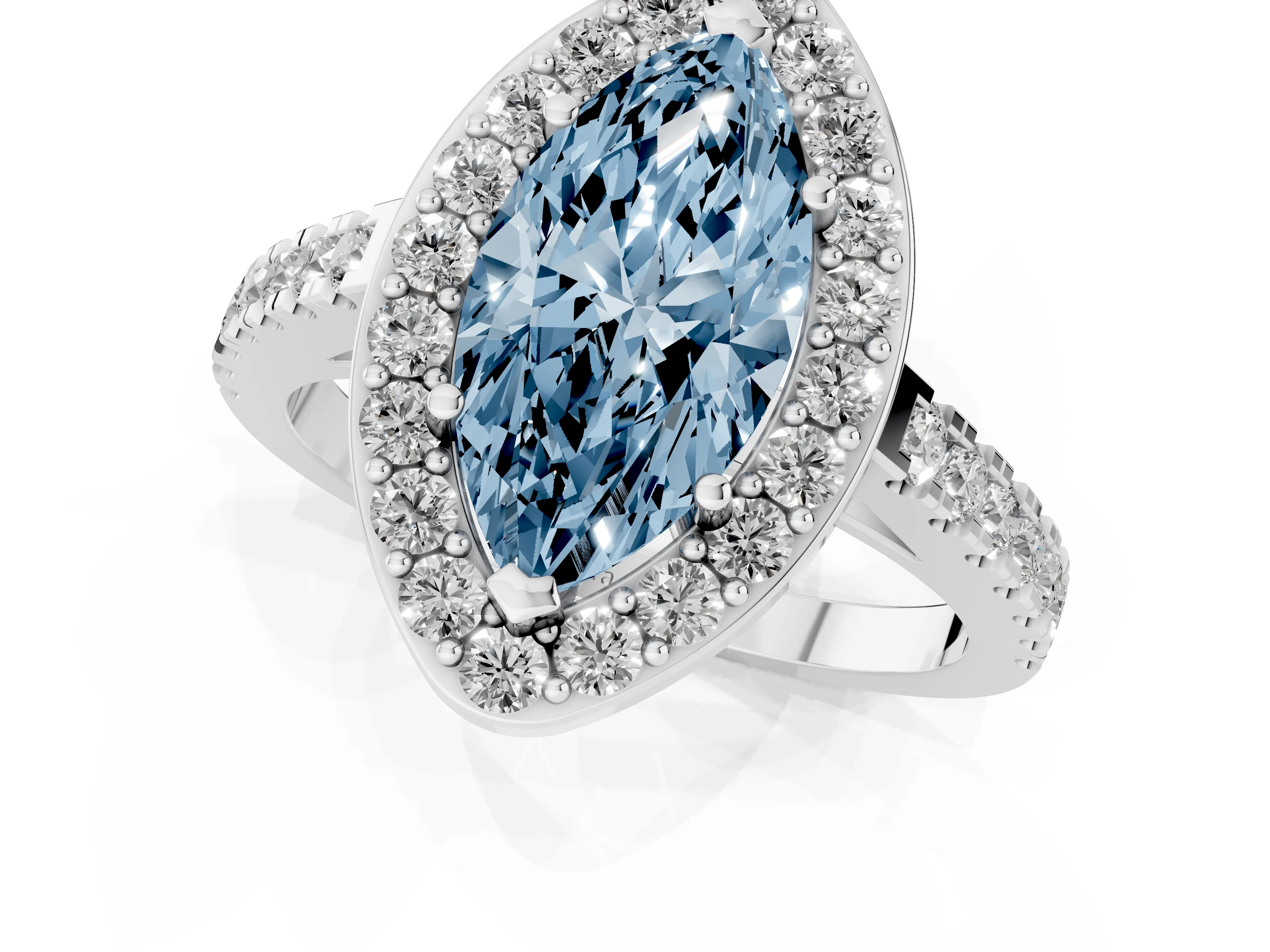 Fancy Blue Marquise Cut Diamond Halo Ring Set in White gold with Round Pavé Split Shank and Prong Setting
