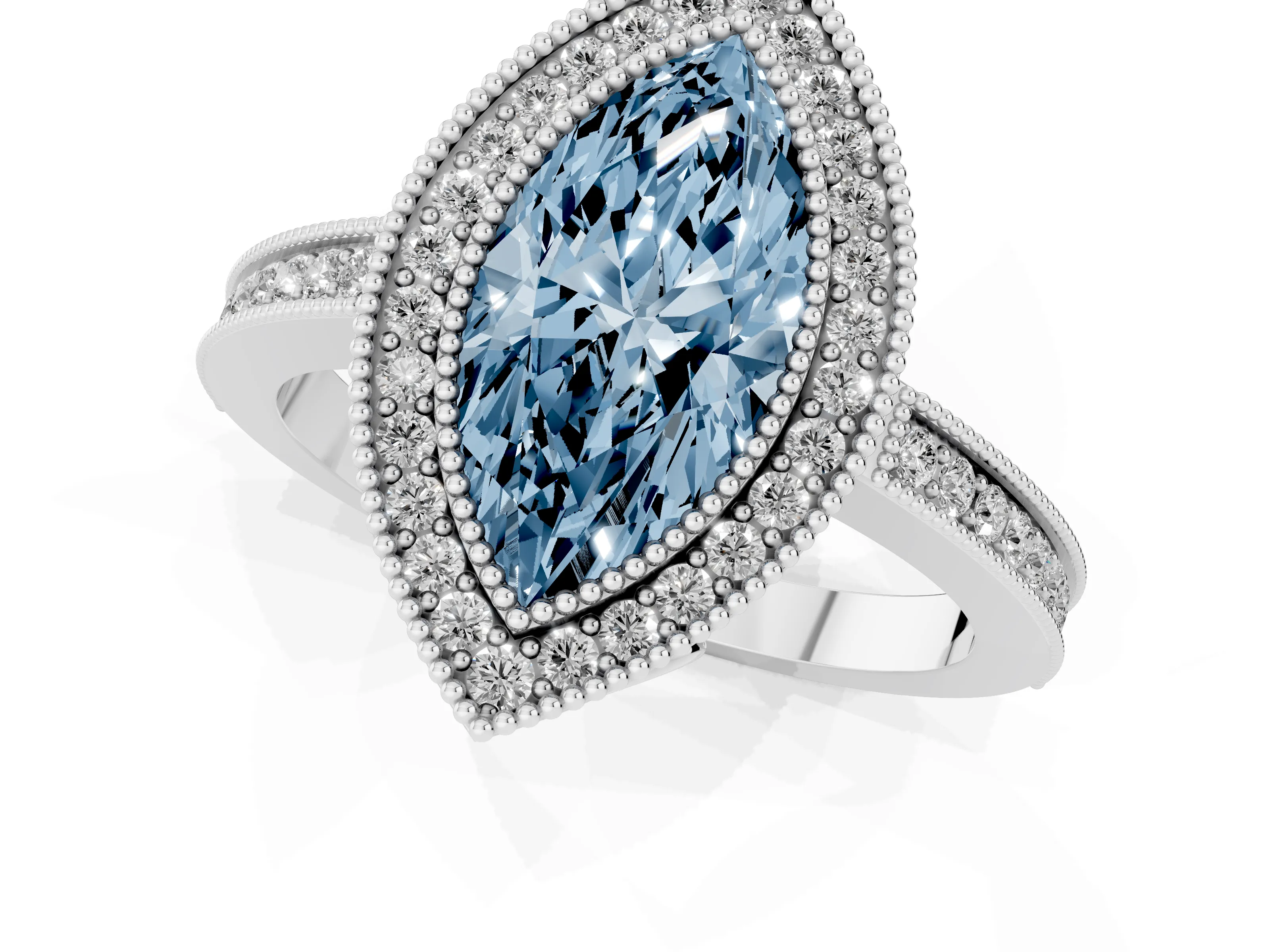 Fancy Blue Marquise Cut Diamond Halo Ring Set in White gold with Pavé Band and Milgrain-Edged Prongs