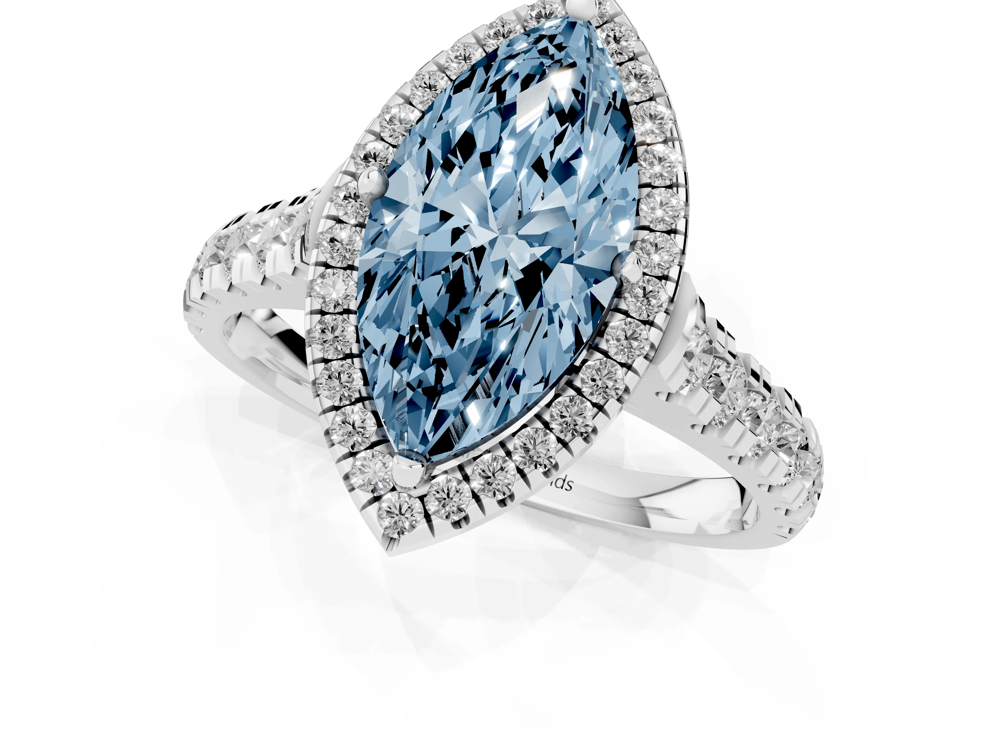 Fancy Blue Marquise Cut Diamond Halo Engagement Ring Set in White gold with Pavé Band and Prong-Set Center