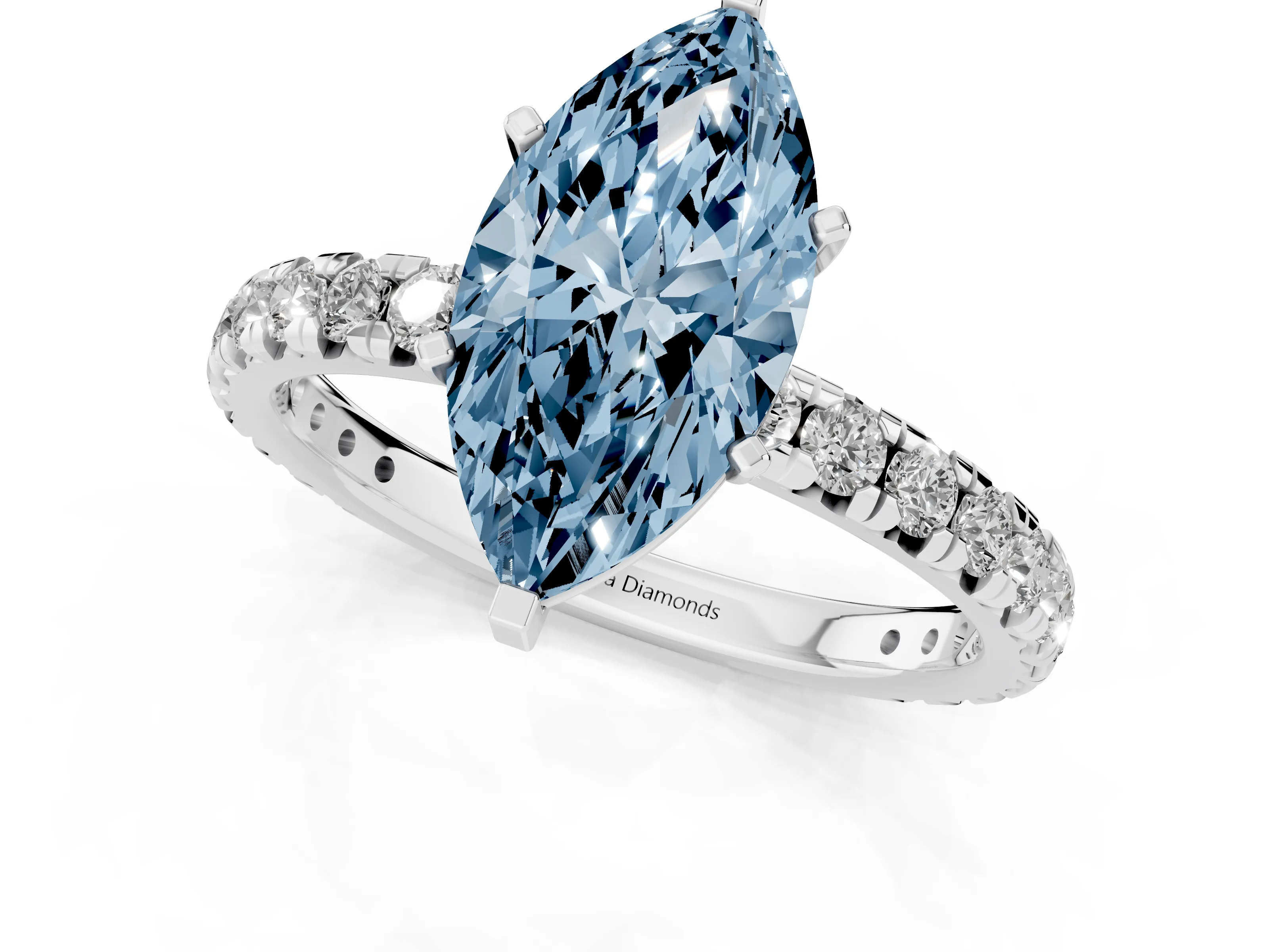 Fancy Blue Marquise Cut Diamond Pavé Solitaire Ring Set in Platinum with Round Band and Prong Setting