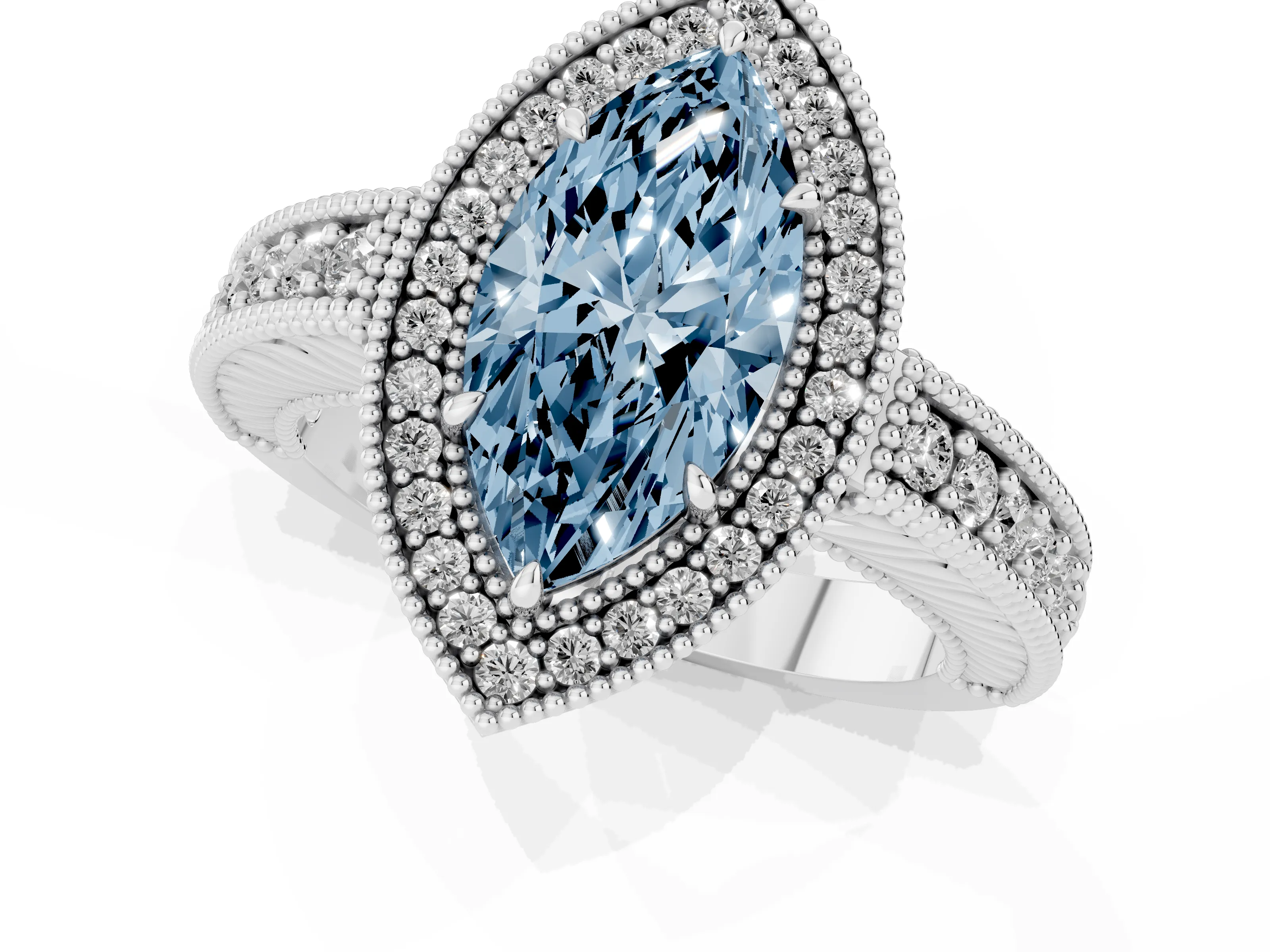 Fancy Blue Marquise Cut Diamond Halo Ring Set in White gold with Round Accent Halo, Pavé Band and Prong Setting
