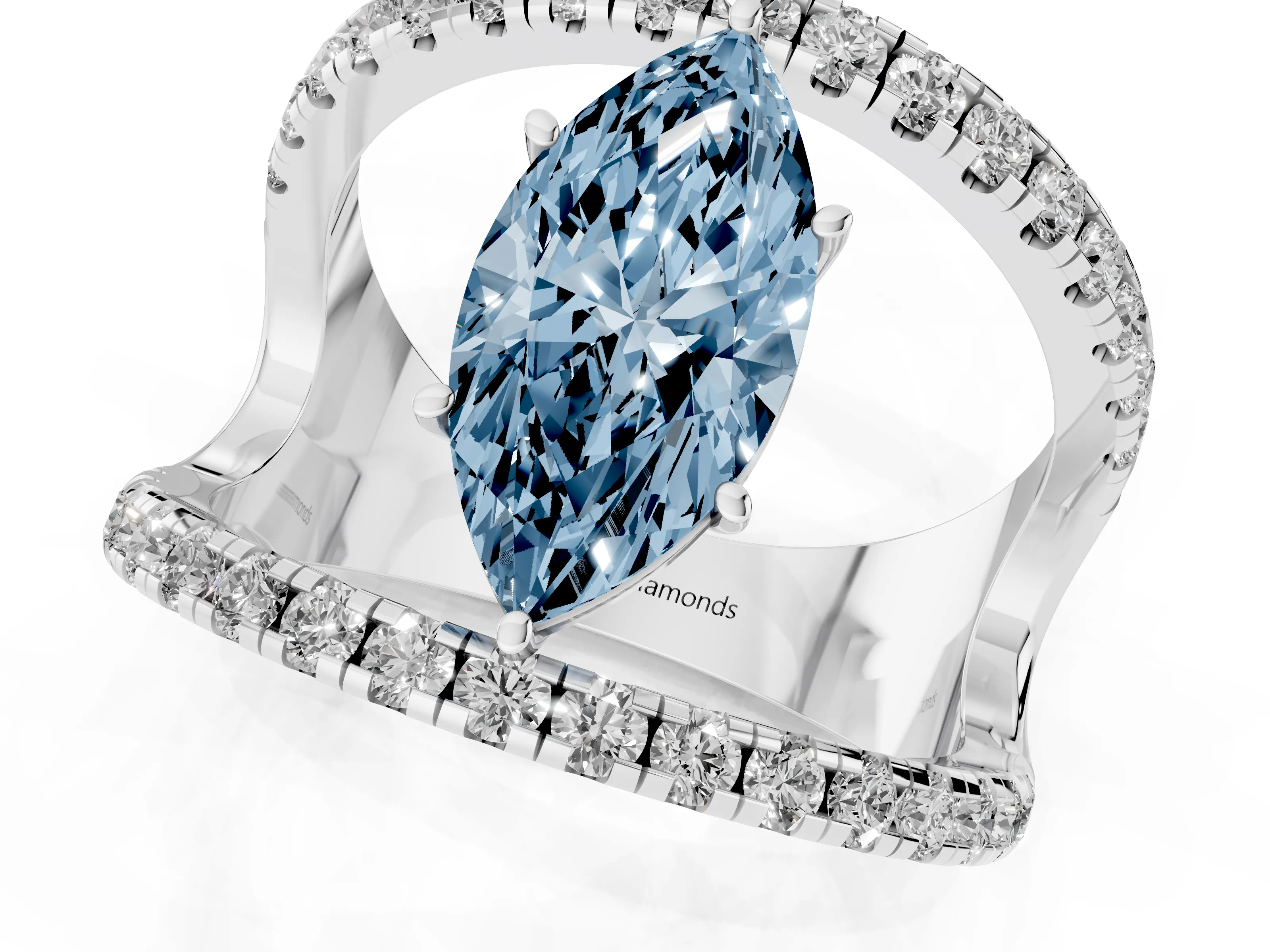 Fancy Blue Marquise Cut Diamond Split Shank Pavé Solitaire Ring Set in Platinum with Open Shank Design