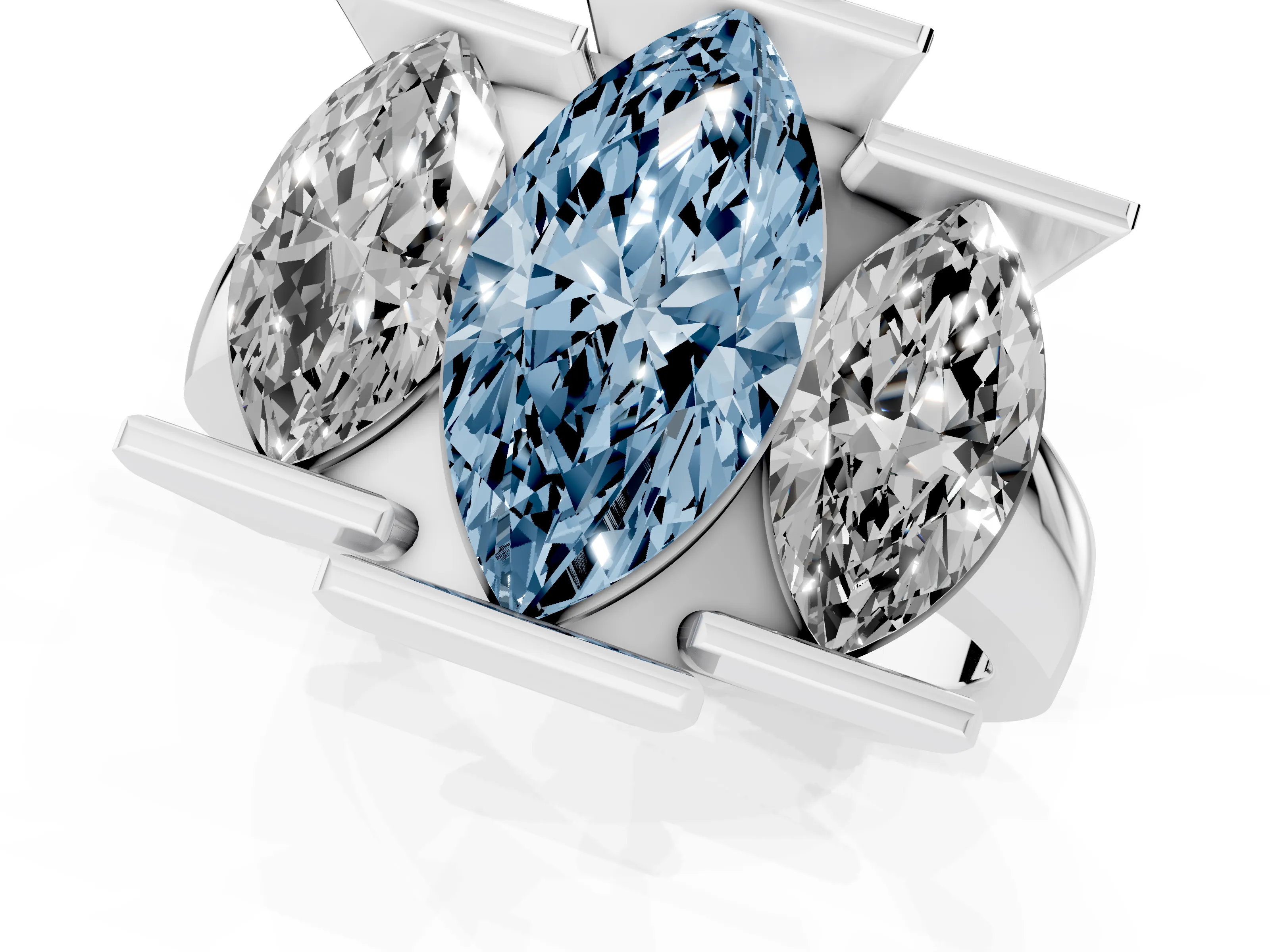 Fancy Blue Marquise Cut Diamond Three-Stone Channel Set Ring Set in White gold with Smooth Polished Band