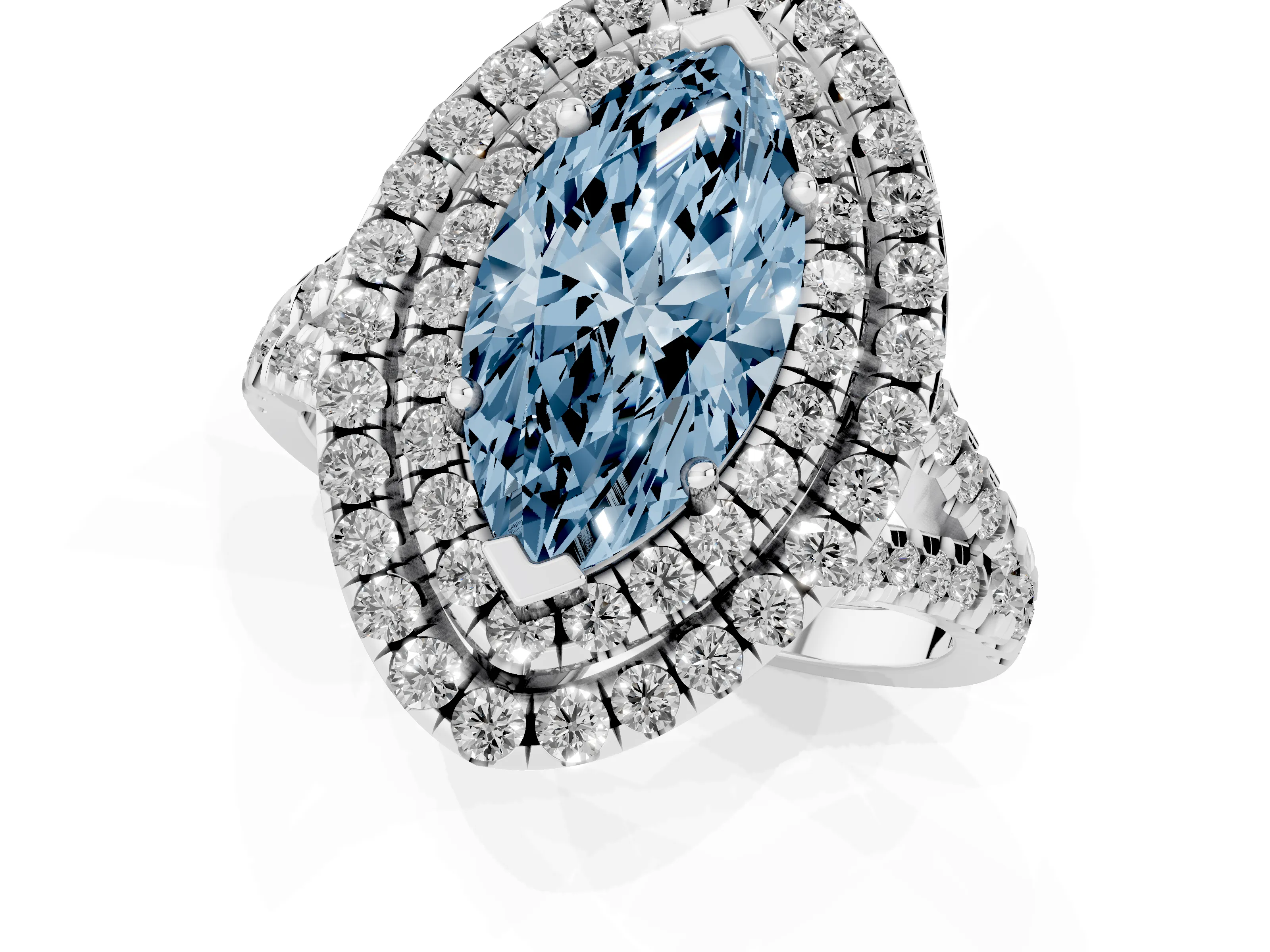 Fancy Blue Marquise Cut Diamond Double Halo Ring Set in Platinum with Pavé Split Shank and Prong Setting