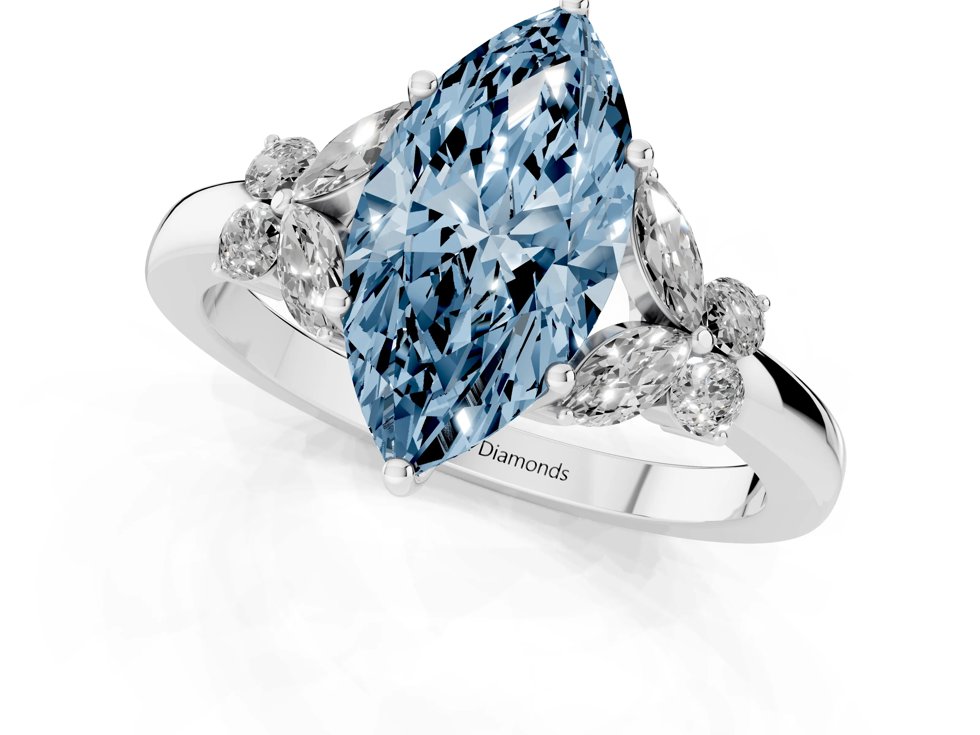 Fancy Blue Marquise Cut Diamond Solitaire Floral Ring Set in Platinum with Marquise Petals and Prong Setting