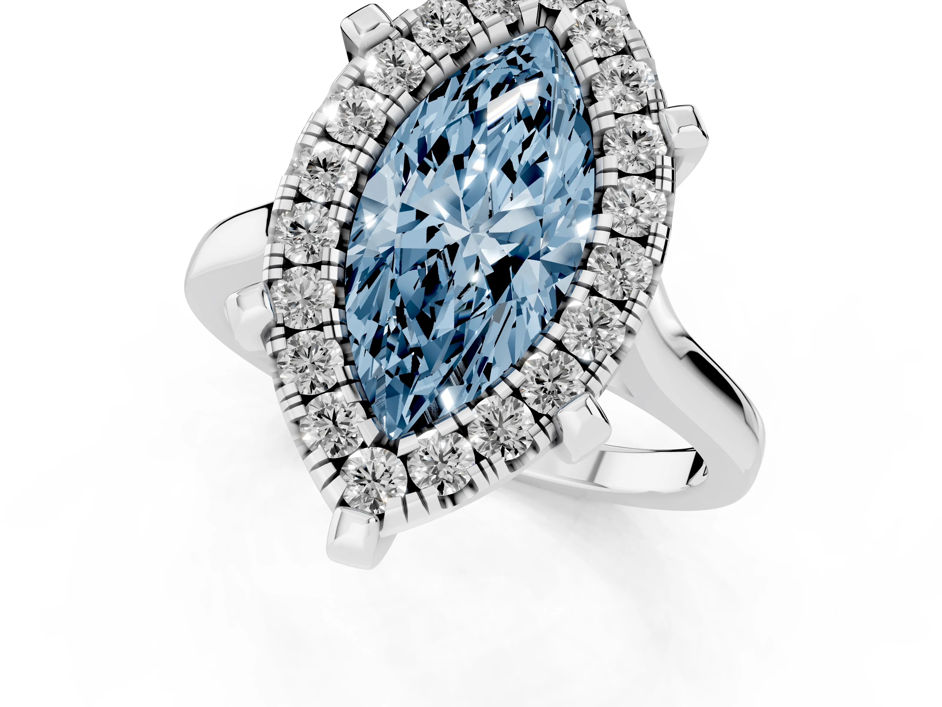 Fancy Blue Marquise Cut Diamond Cluster Halo Solitaire Ring Set in Silver with Prong Setting