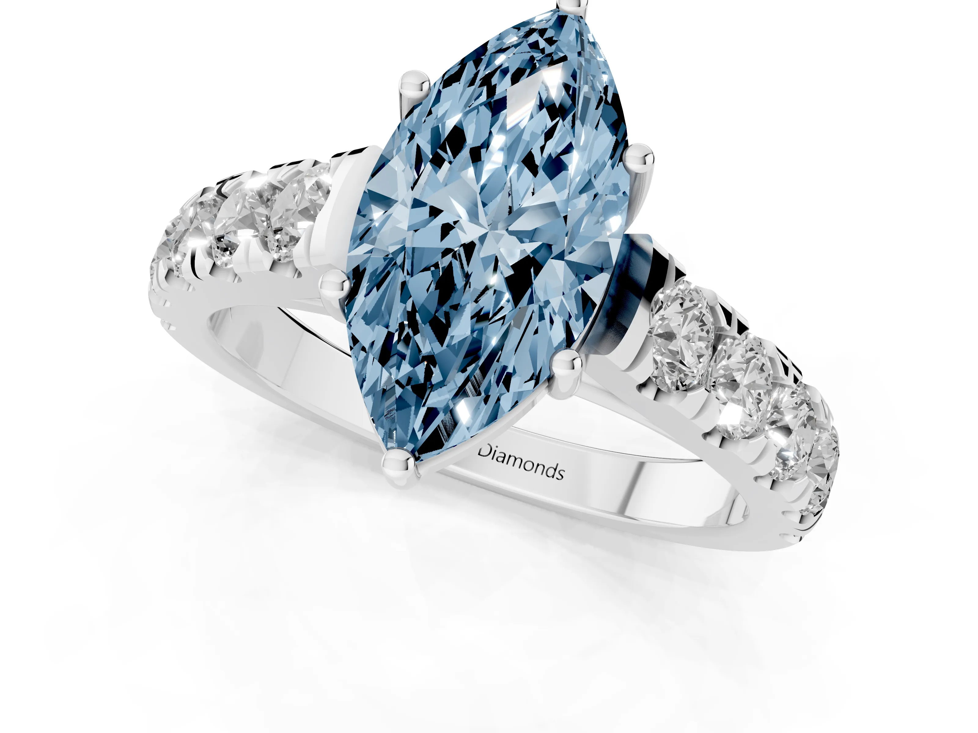 Fancy Blue Marquise Cut Diamond Solitaire Ring Set in Platinum with Cut-Down Micro Pavé Band and Prong Setting