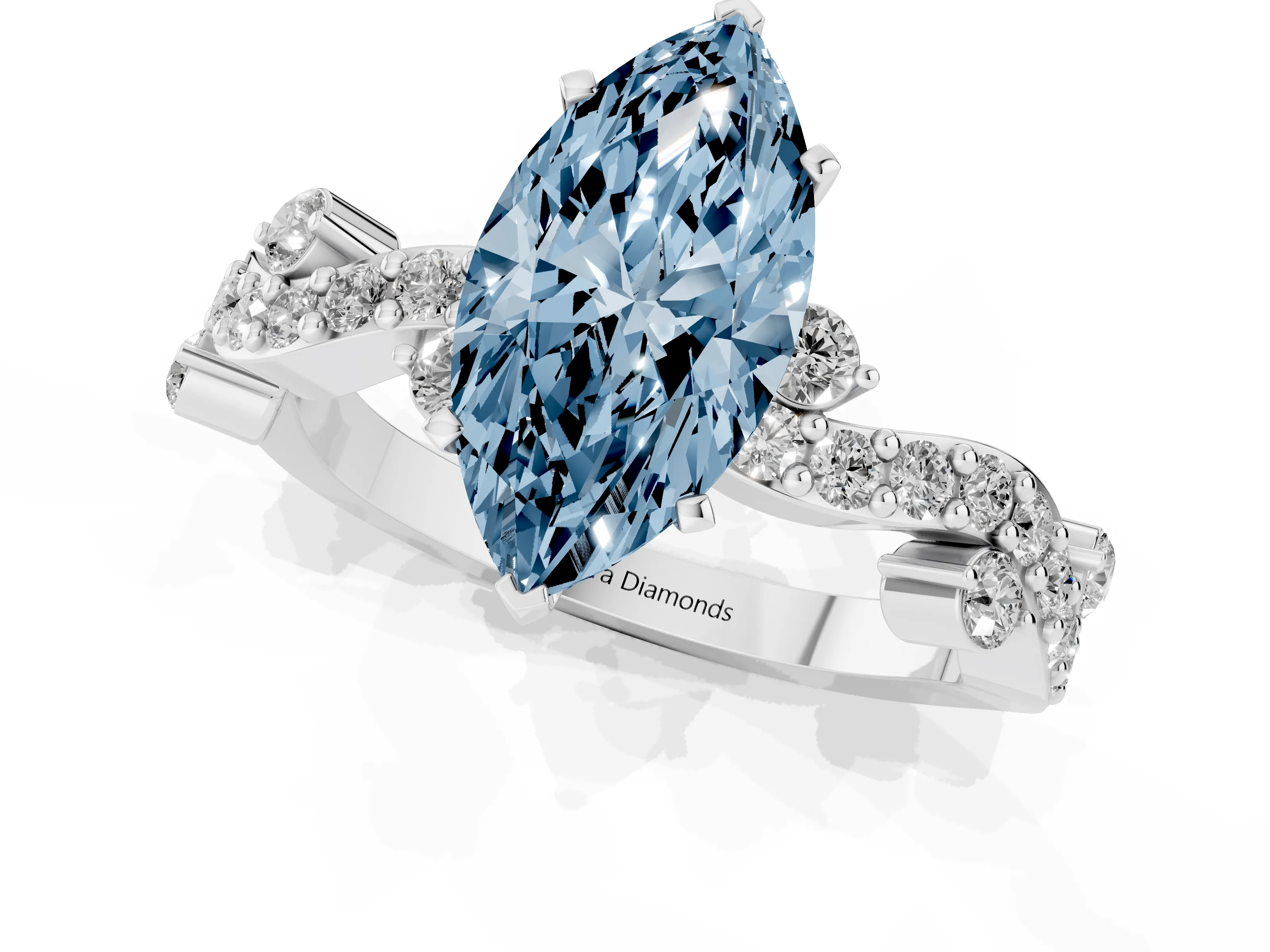 Fancy Blue Marquise Cut Diamond Solitaire Twisted Band Set in White gold with Pavé Setting