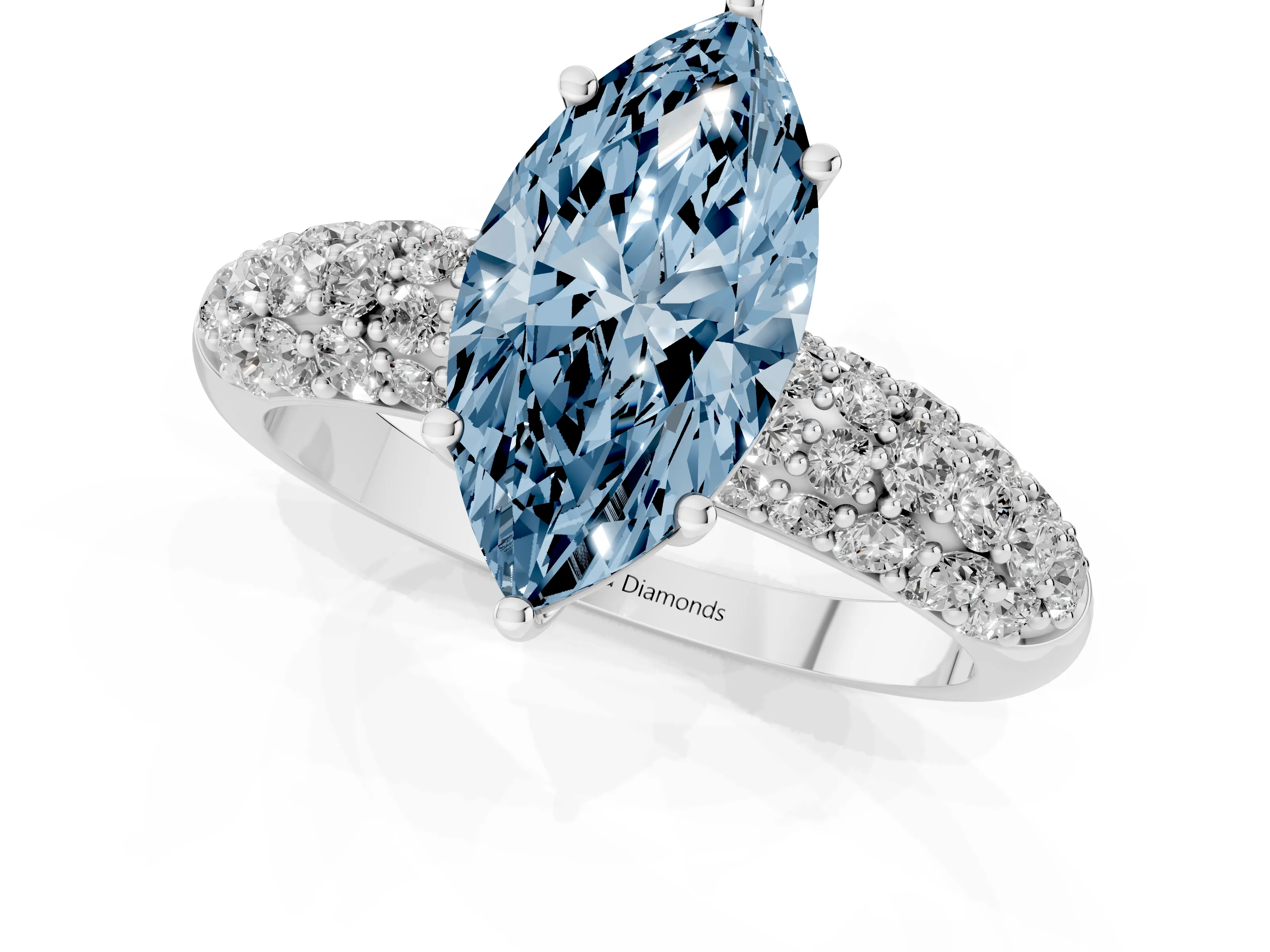 Fancy Blue Marquise Cut Diamond Pavé Band Solitaire Ring Set in White gold with Close-Set Accent Stones and Prong Setting