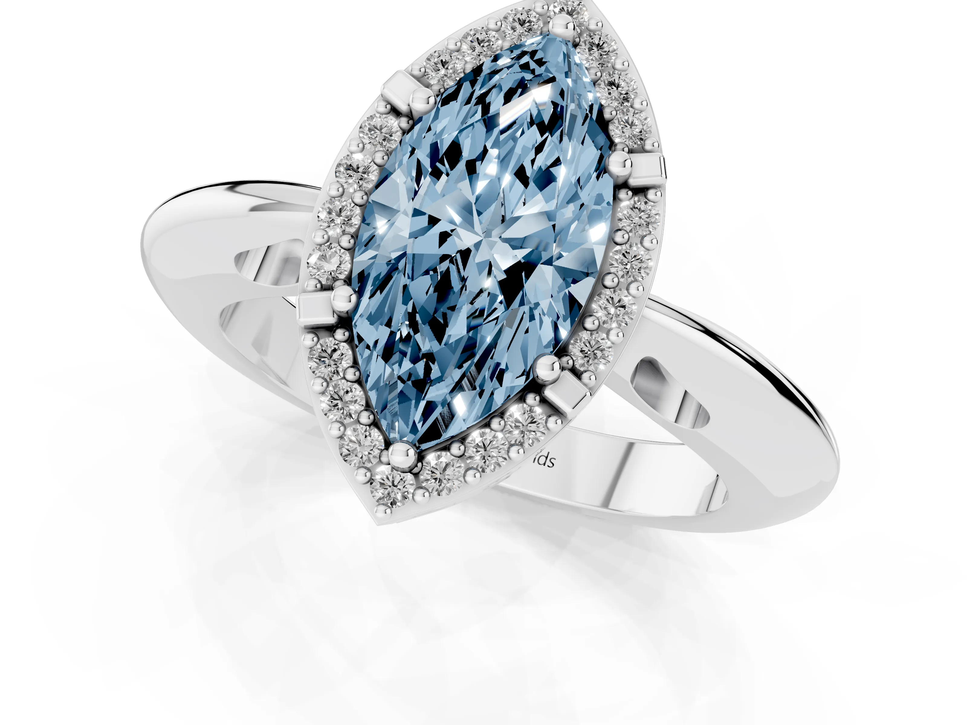 Fancy Blue Marquise Cut Diamond Halo Engagement Ring Set in Platinum with Plain Split Shank and Prong Setting