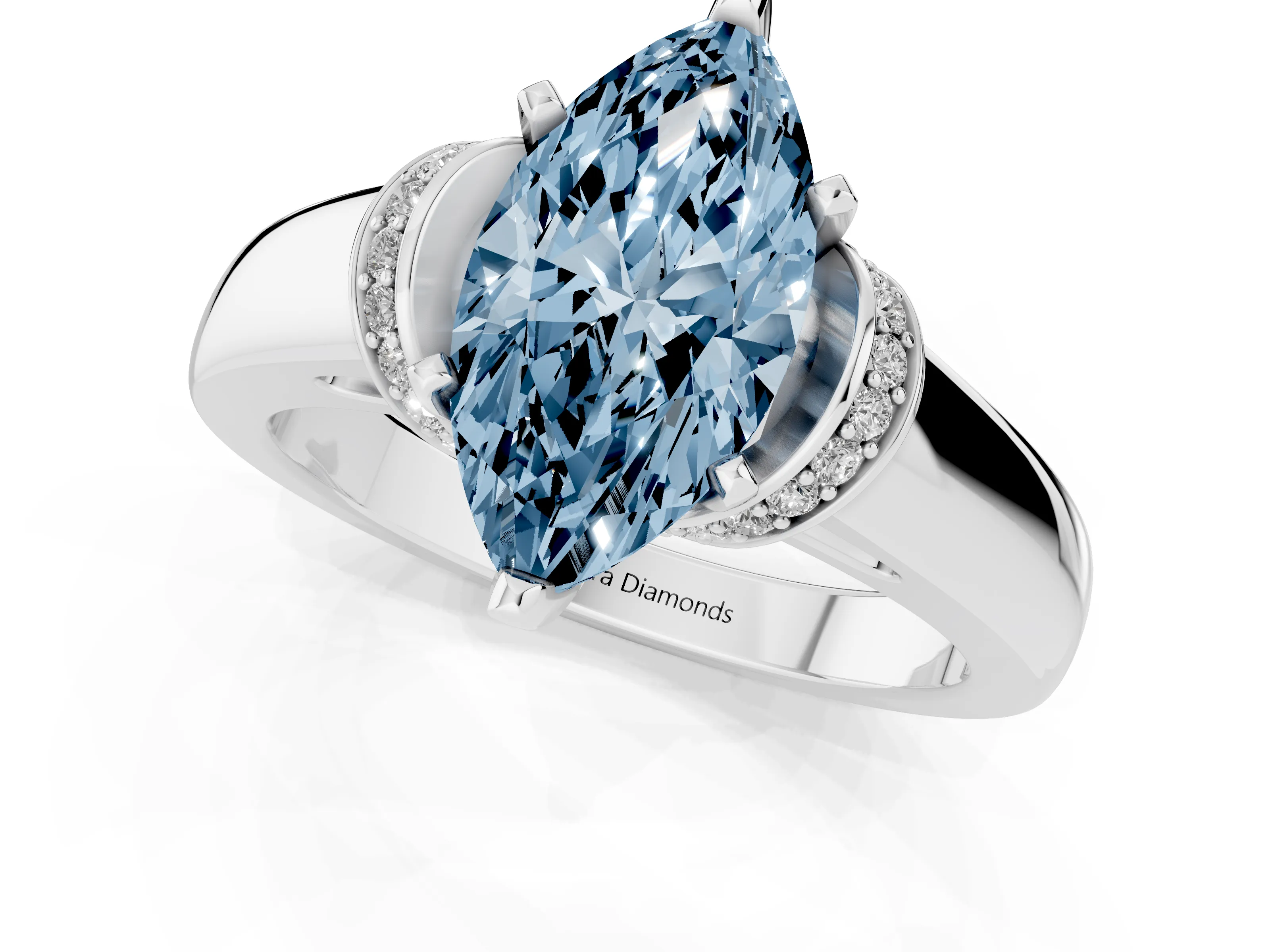 Fancy Blue Marquise Cut Diamond Pavé Band Solitaire Ring Set in Silver with Prong Setting