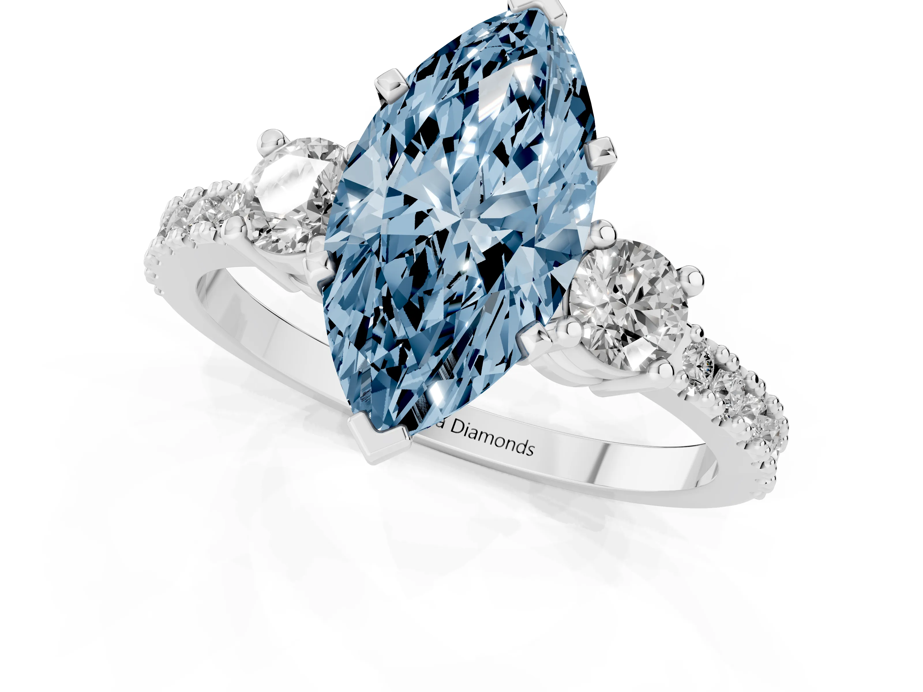 Fancy Blue Three-Stone Marquise Cut Diamond Pavé Band Ring Set in Silver with Prong Setting