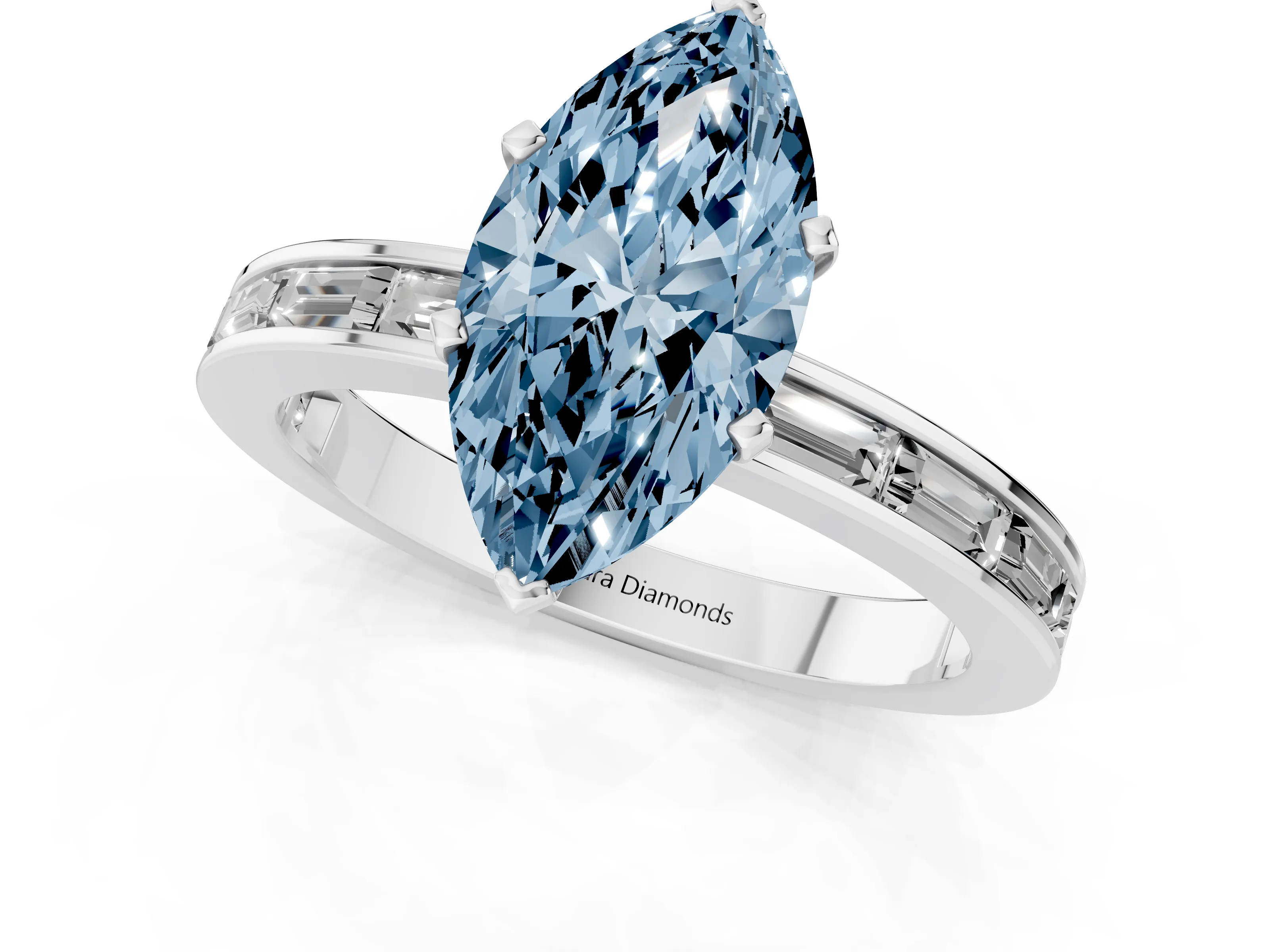 Fancy Blue Marquise Cut Diamond Solitaire Ring Set in White gold with Channel-Set Baguette Band and Prong Setting
