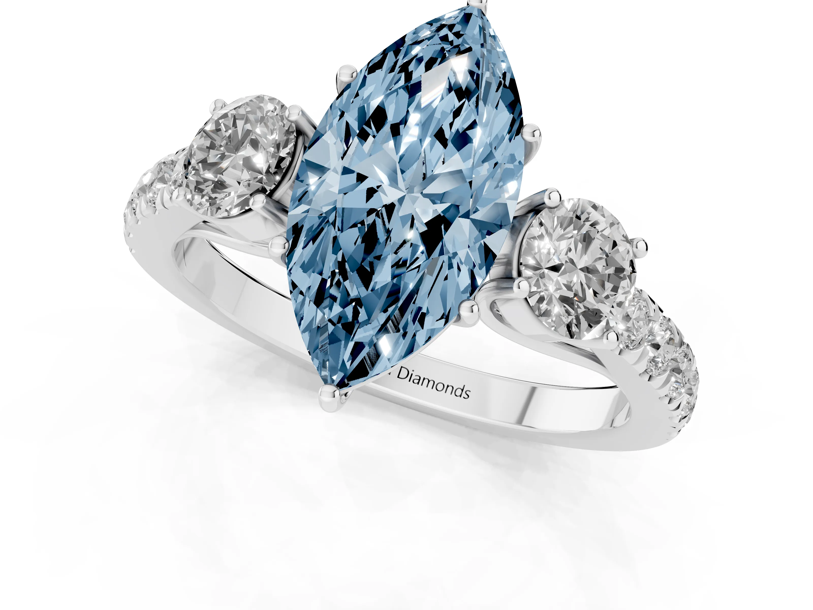 Fancy Blue Marquise Cut Diamond Three-Stone Ring Set in Platinum with Round Side Stones and Delicate Pavé Band