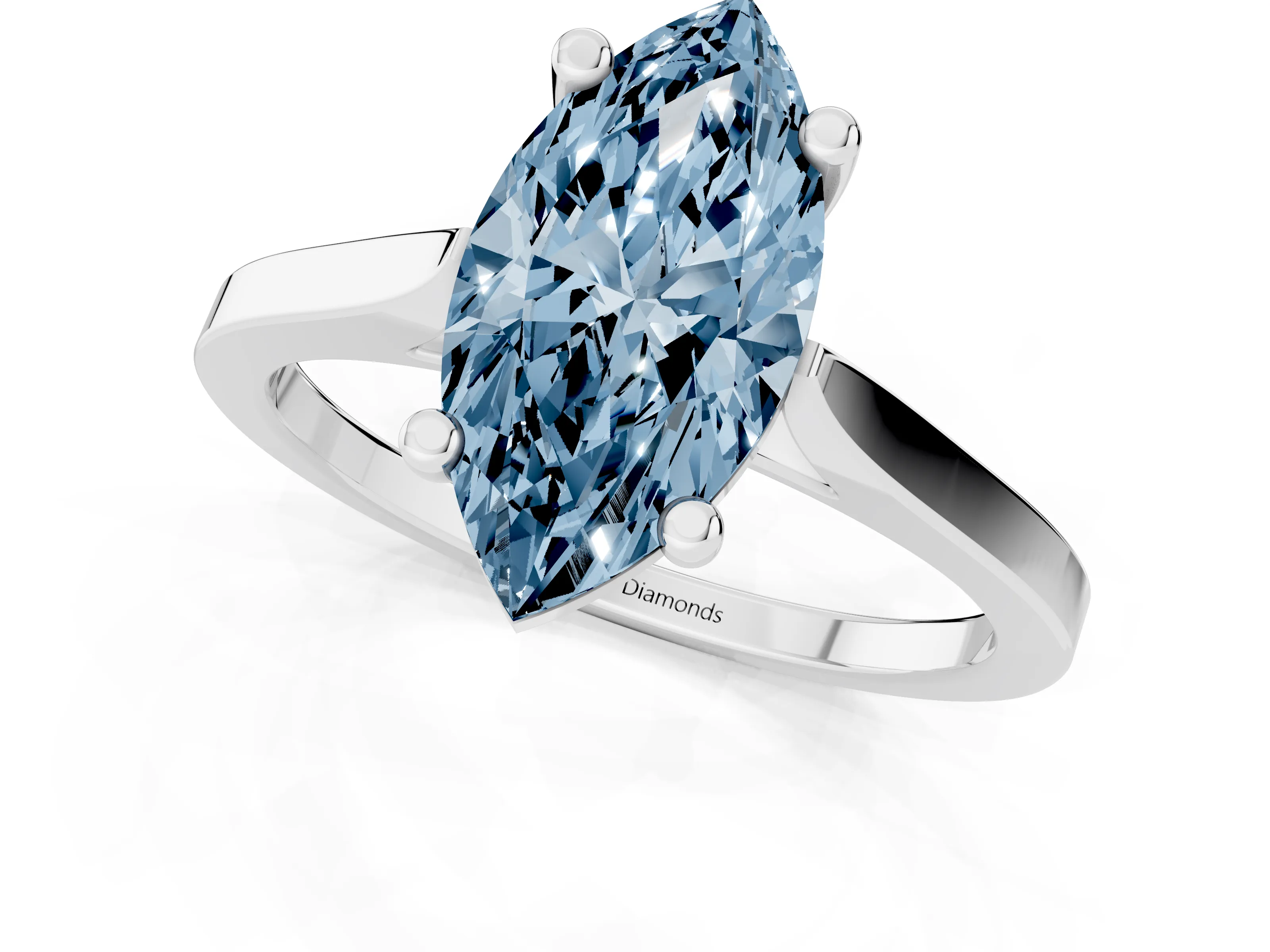 Fancy Blue Marquise Cut Diamond Solitaire Ring Set in Silver with Prong Setting and Tapered Band