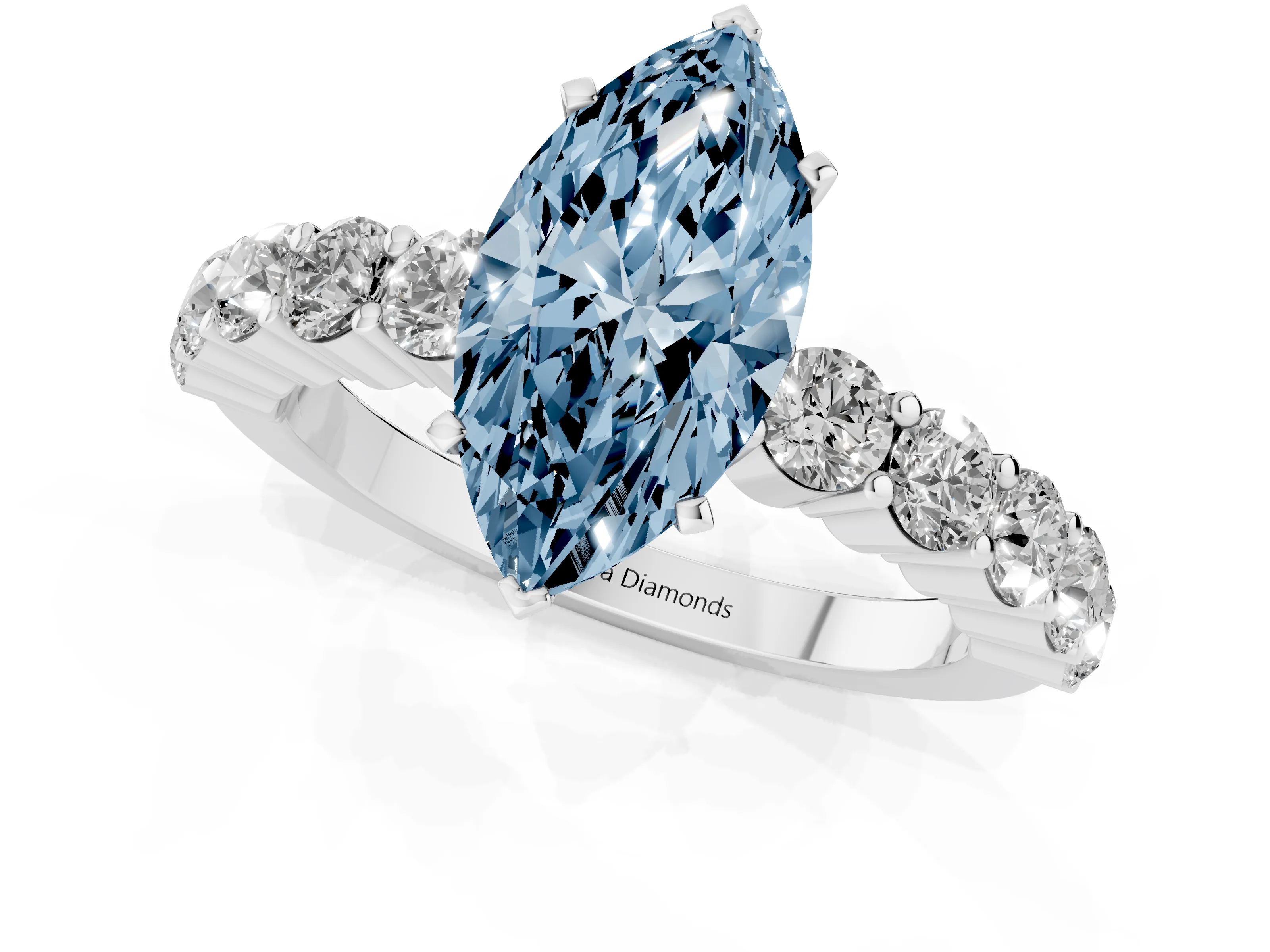 Fancy Blue Marquise Cut Diamond Solitaire Ring Set in White gold with Shared Prong Round Side Stones