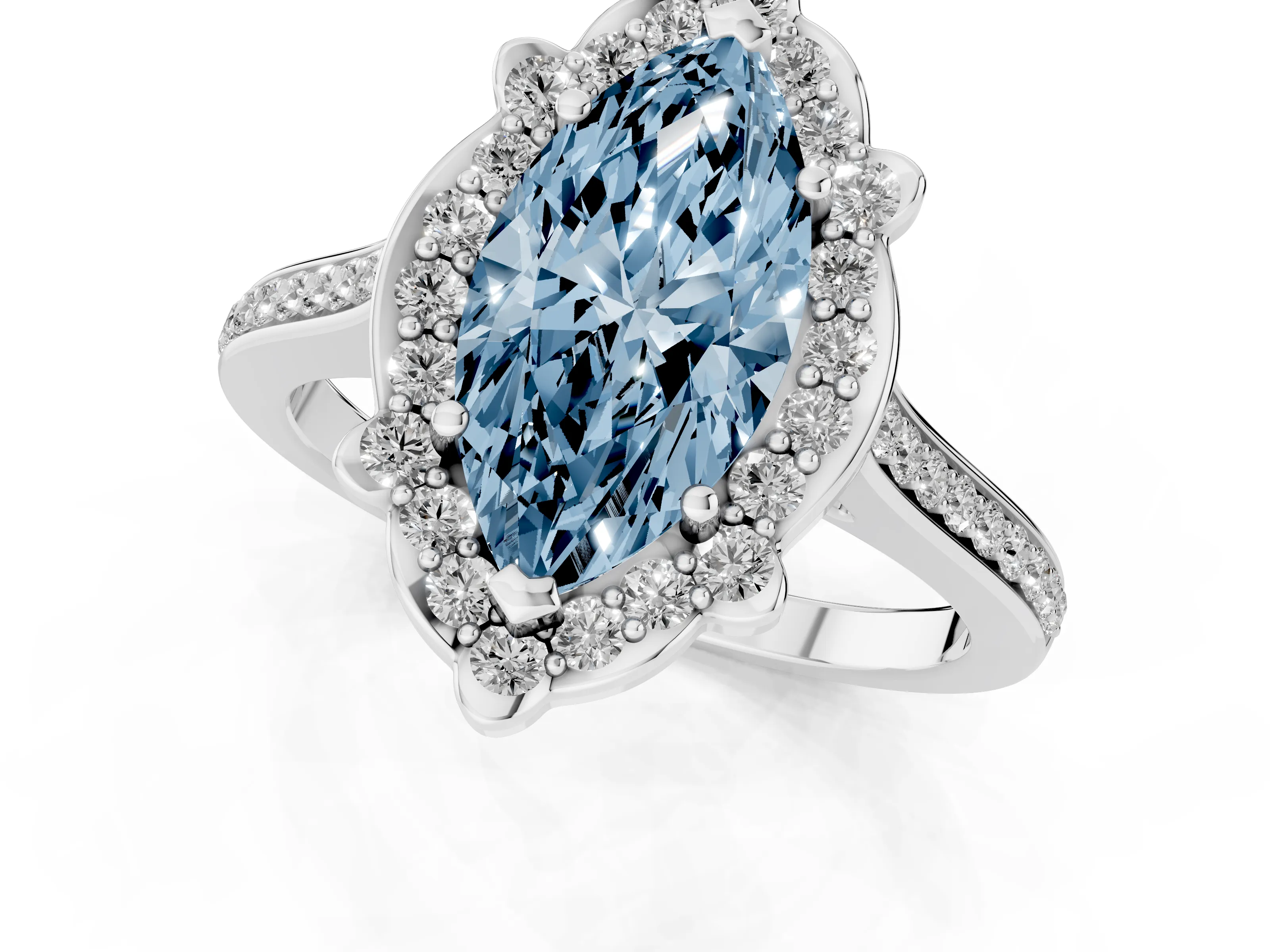 Fancy Blue Marquise Cut Diamond Halo Ring Set in White gold with Pavé-Lined Shoulders and Prong Setting