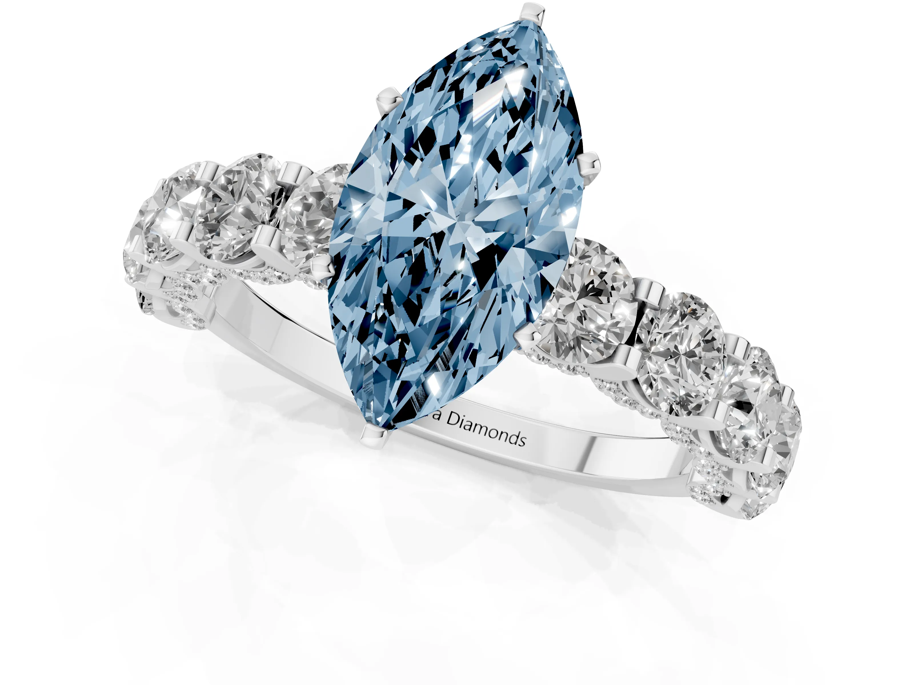Fancy Blue Marquise Cut Diamond Side Stone Ring Set in Silver with Alternating Round and Oval Side Stones