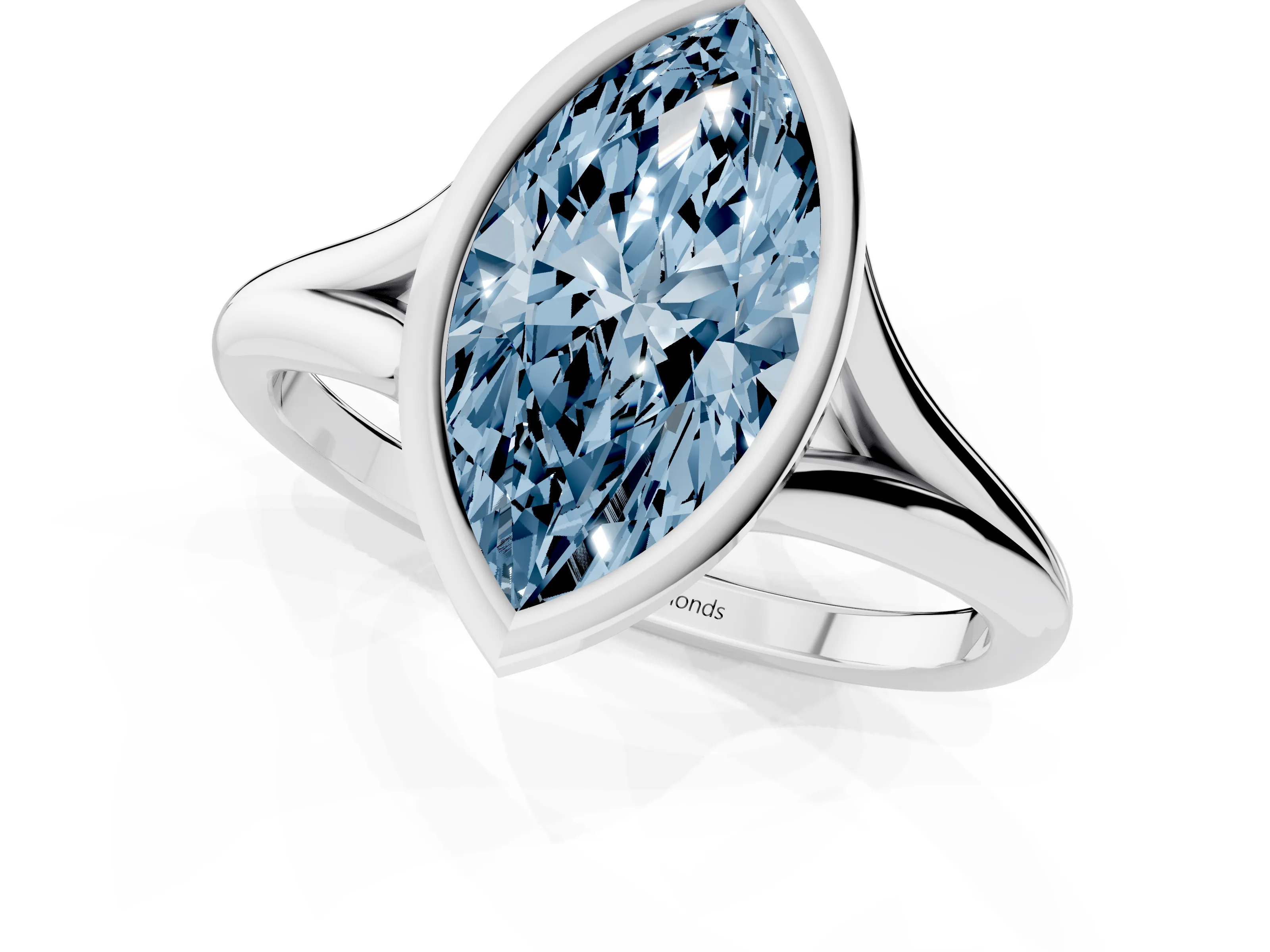 Fancy Blue Bezel Set Marquise Cut Diamond Solitaire Ring Set in White gold with Tapered Band