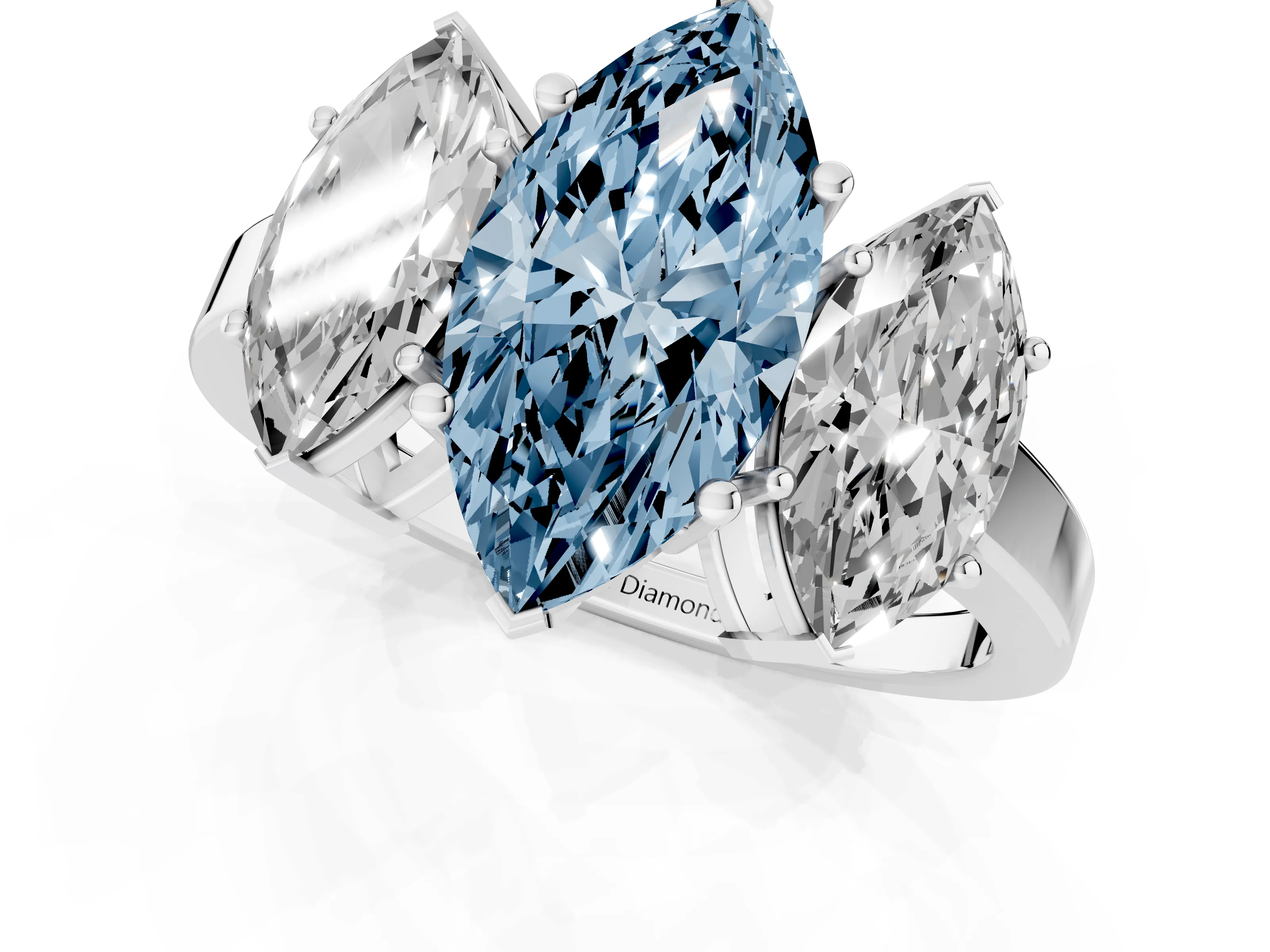 Fancy Blue Marquise Cut Diamond Three-Stone Engagement Ring Set in White gold with Flat Band